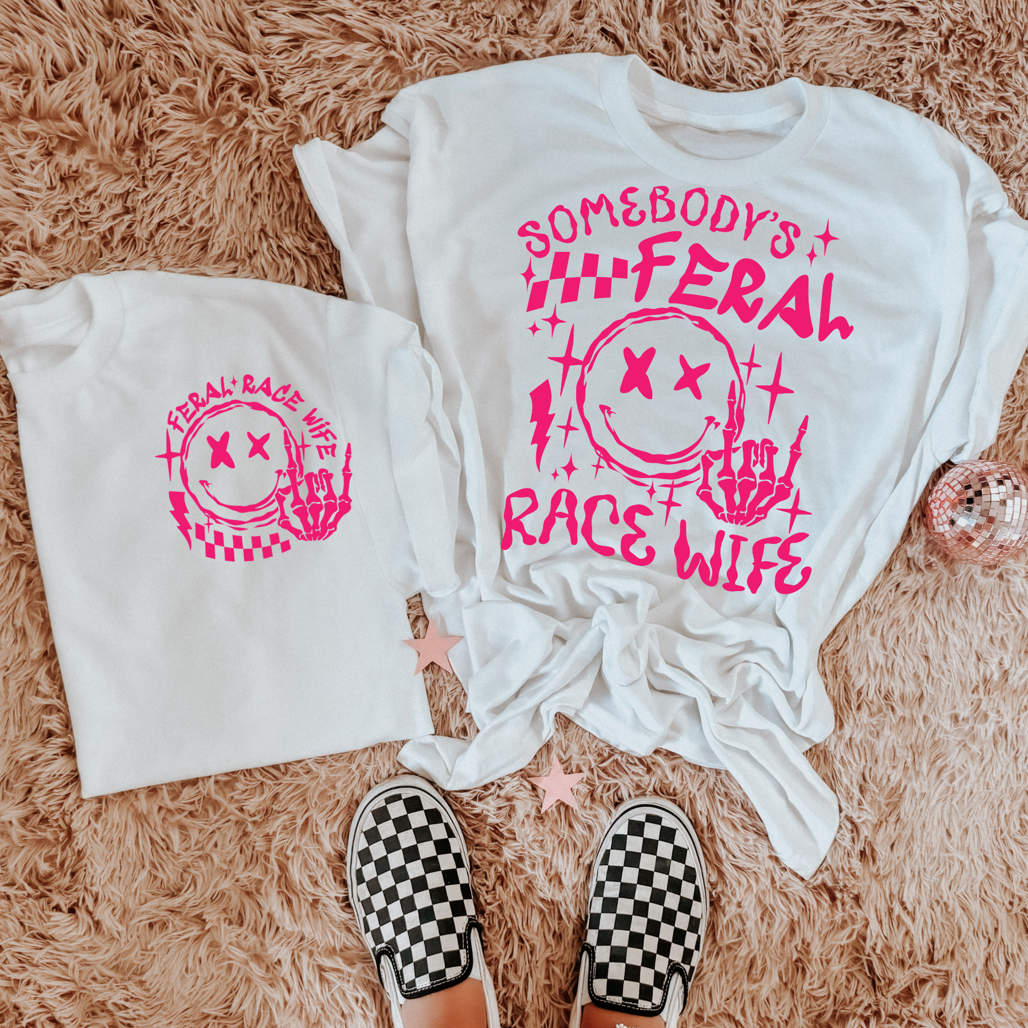 Somebody's Feral Race Wife Pink Writing Graphic Tee - Aaria Tees Aaria Tees