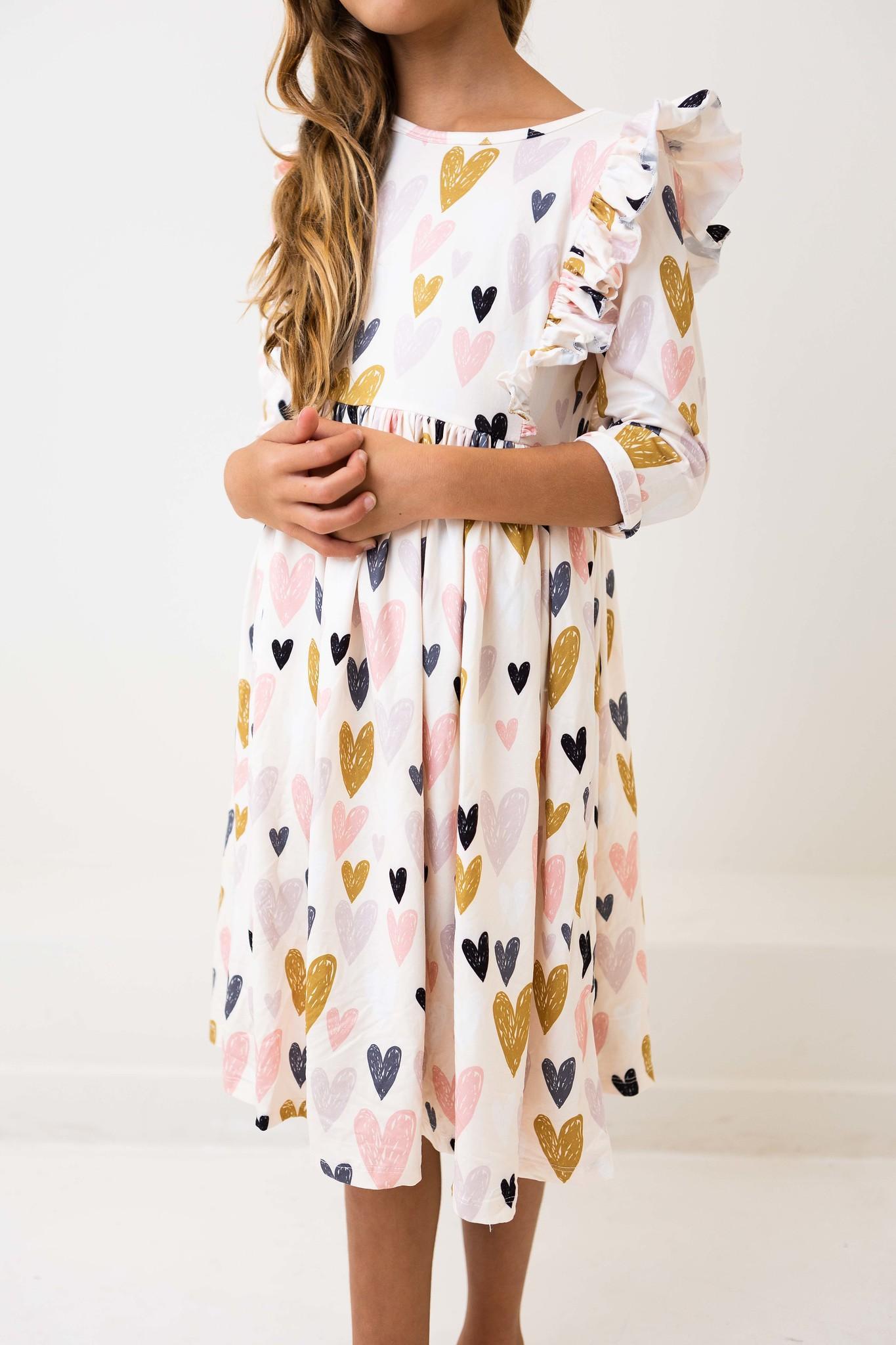 I Heart You 3/4 Sleeve Ruffle Twirl Dress - Aaria Tees Aaria Tees