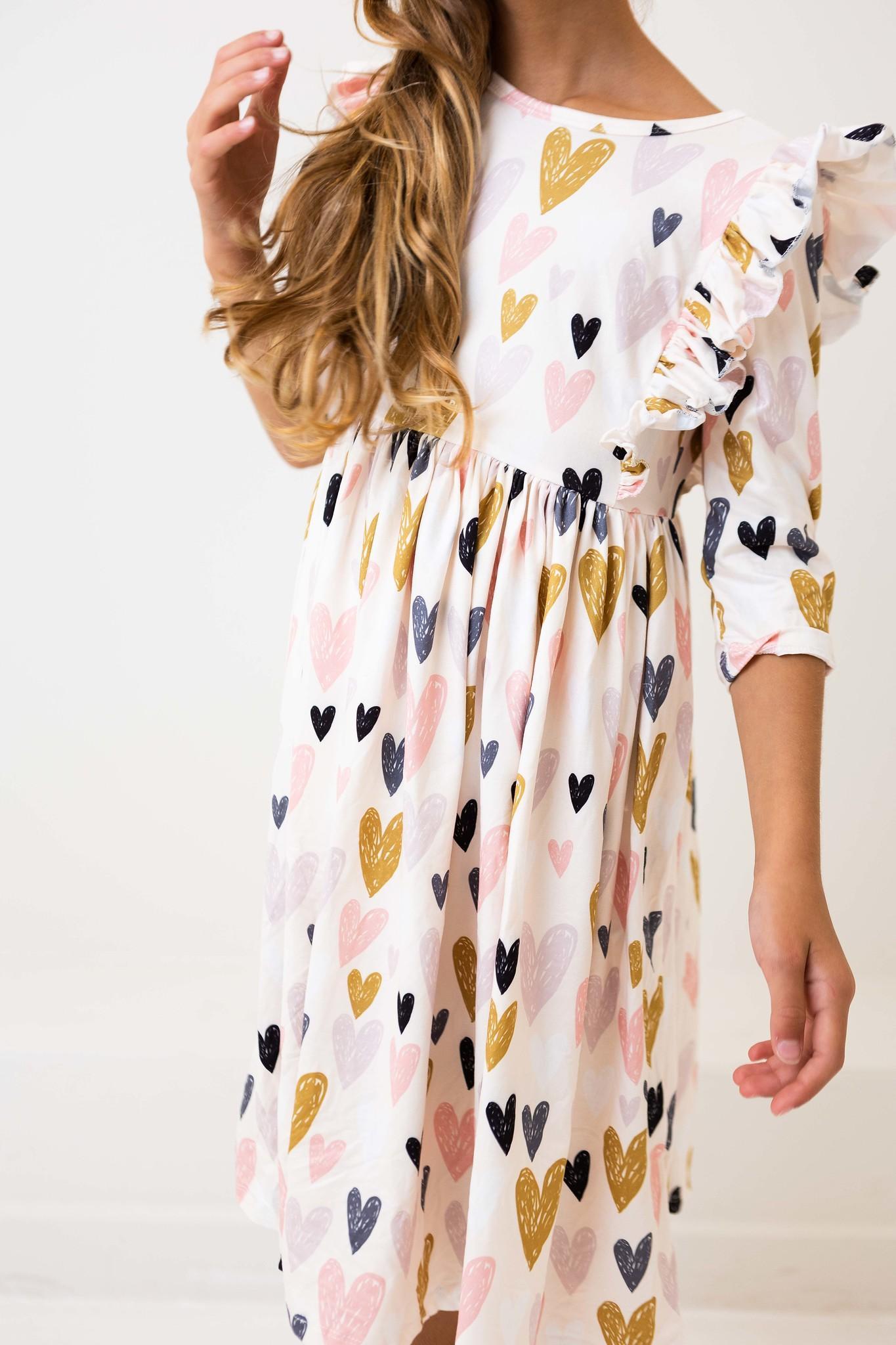 I Heart You 3/4 Sleeve Ruffle Twirl Dress - Aaria Tees Aaria Tees