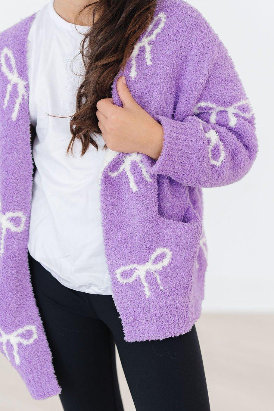 Lilac/Coconut Bow Cozy Cardigan - Aaria Tees Aaria Tees