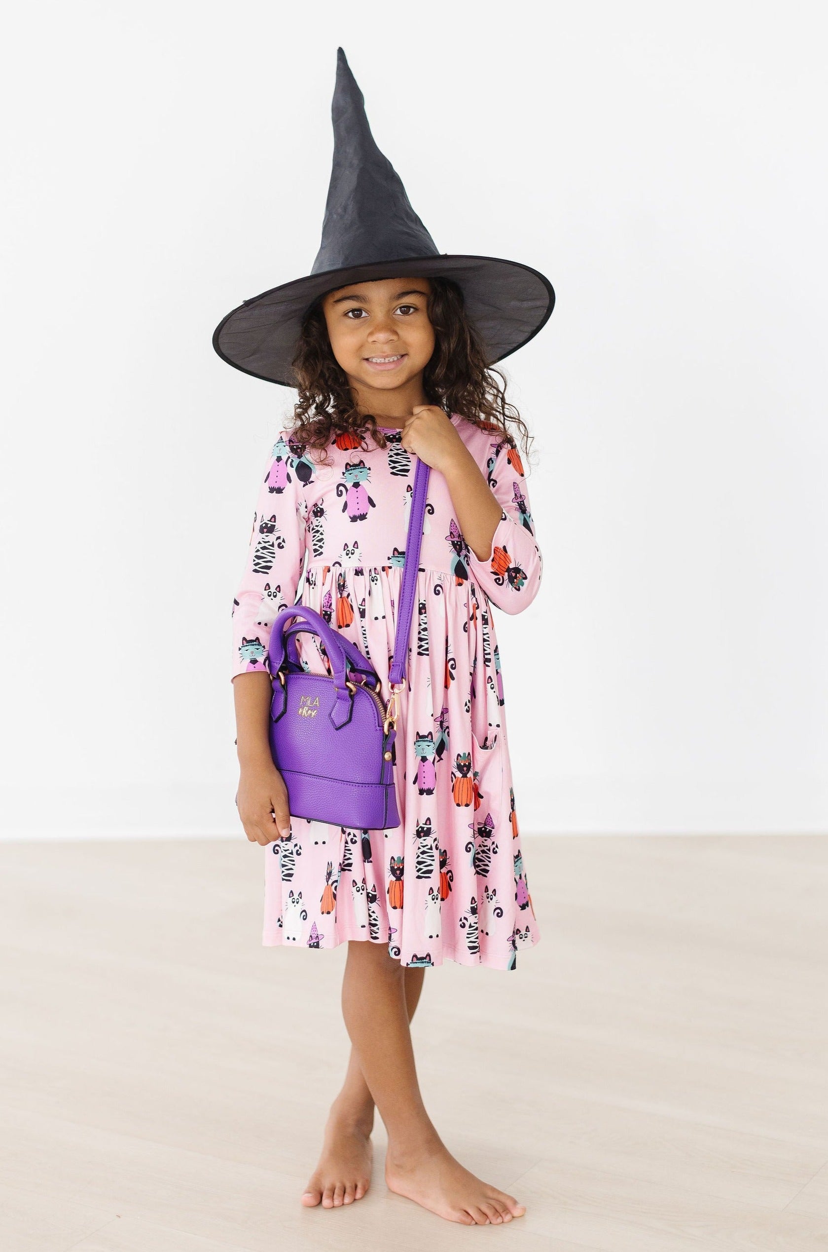 Purr-fectly Spooky 3/4 Sleeve Pocket Twirl Dress - Aaria Tees Aaria Tees