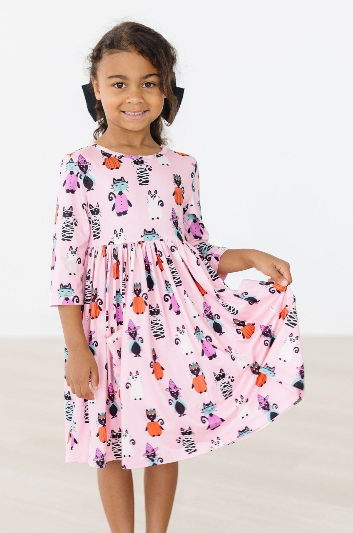 Purr-fectly Spooky 3/4 Sleeve Pocket Twirl Dress - Aaria Tees