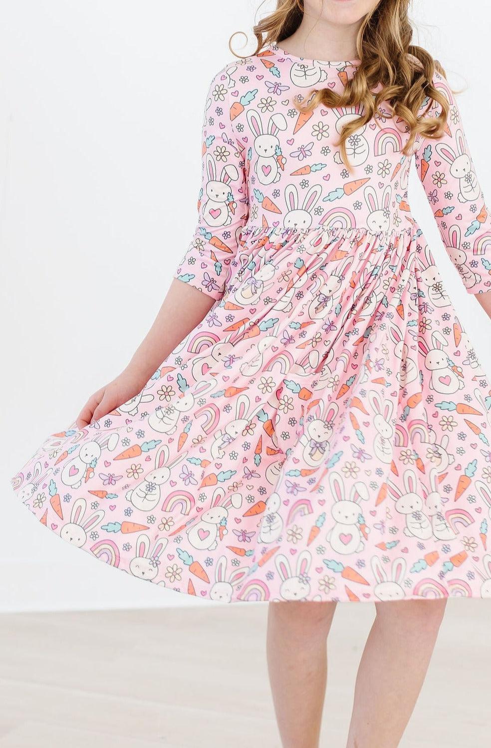 Springtime Bunnies 3/4 Sleeve Pocket Twirl Dress - Aaria Tees Aaria Tees