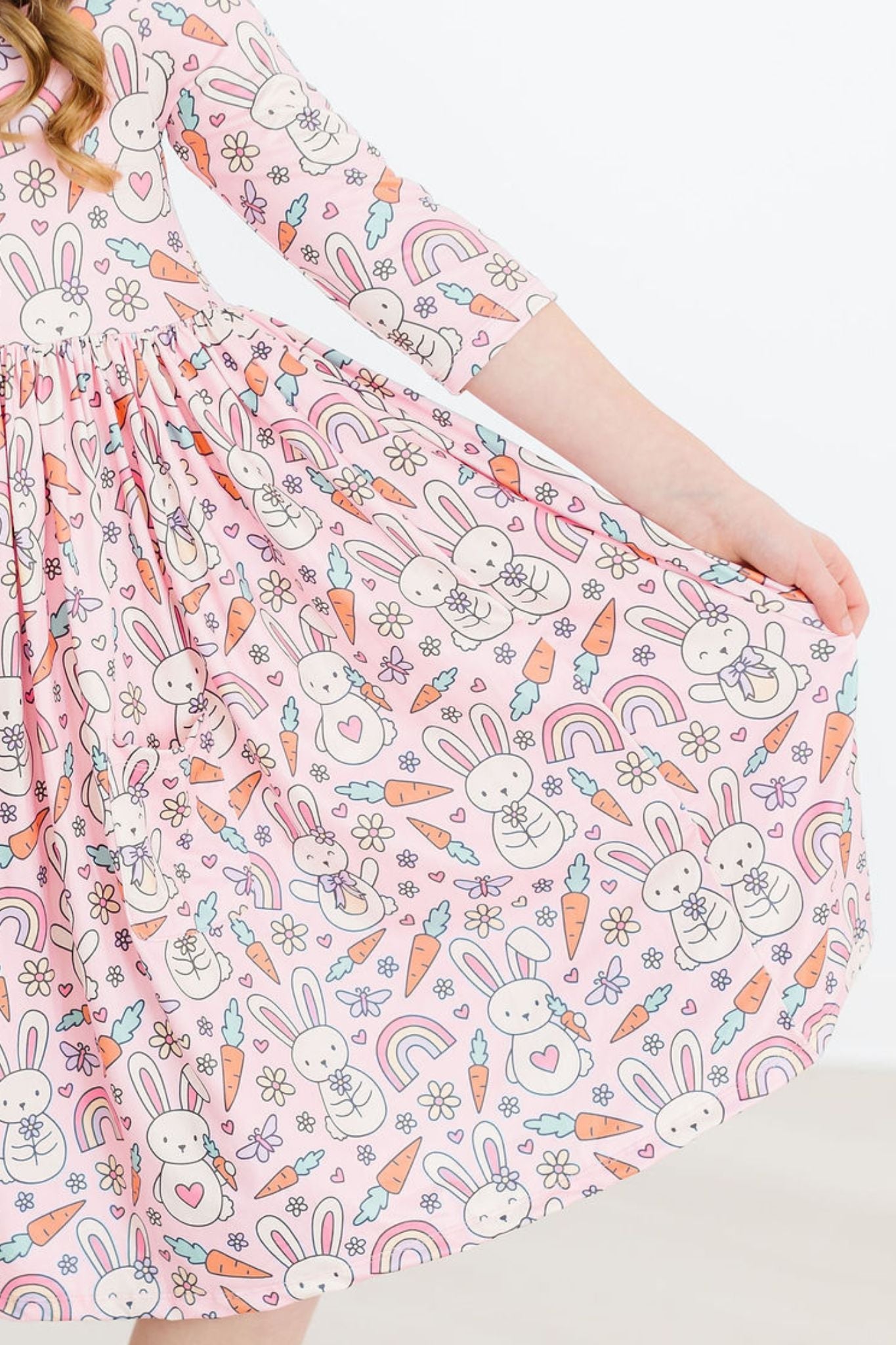 Springtime Bunnies 3/4 Sleeve Pocket Twirl Dress - Aaria Tees Aaria Tees