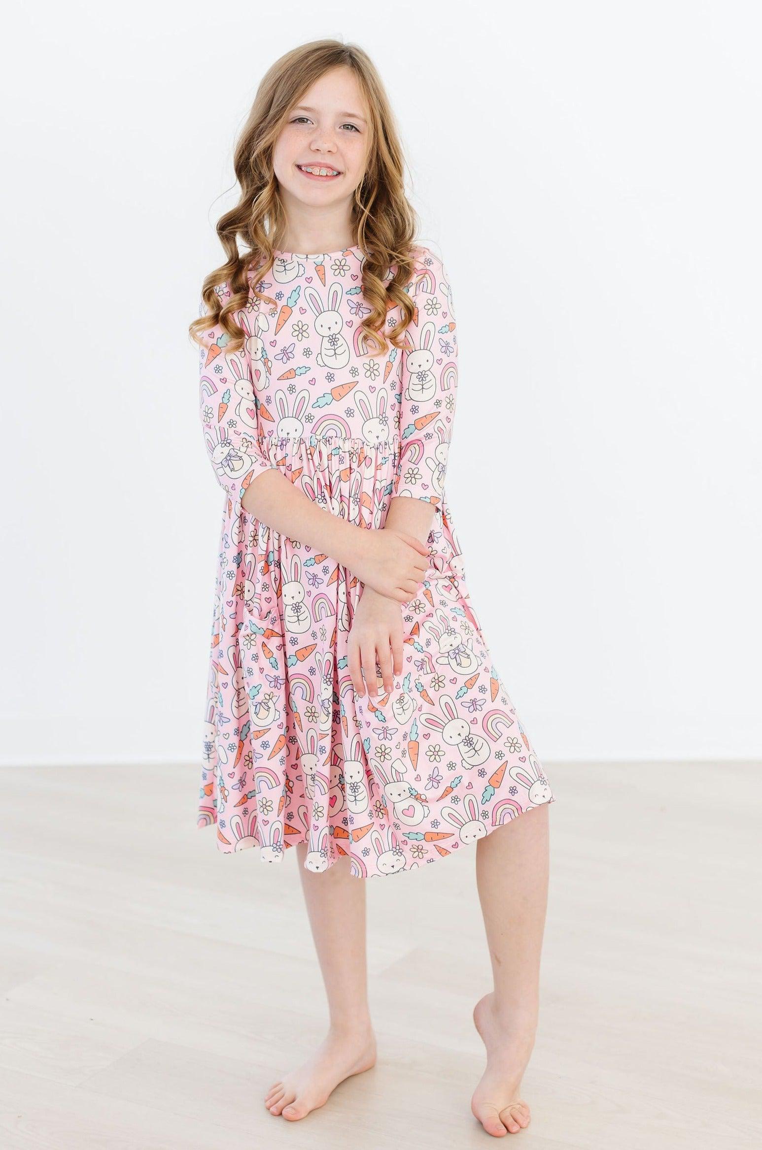 Springtime Bunnies 3/4 Sleeve Pocket Twirl Dress - Aaria Tees Aaria Tees