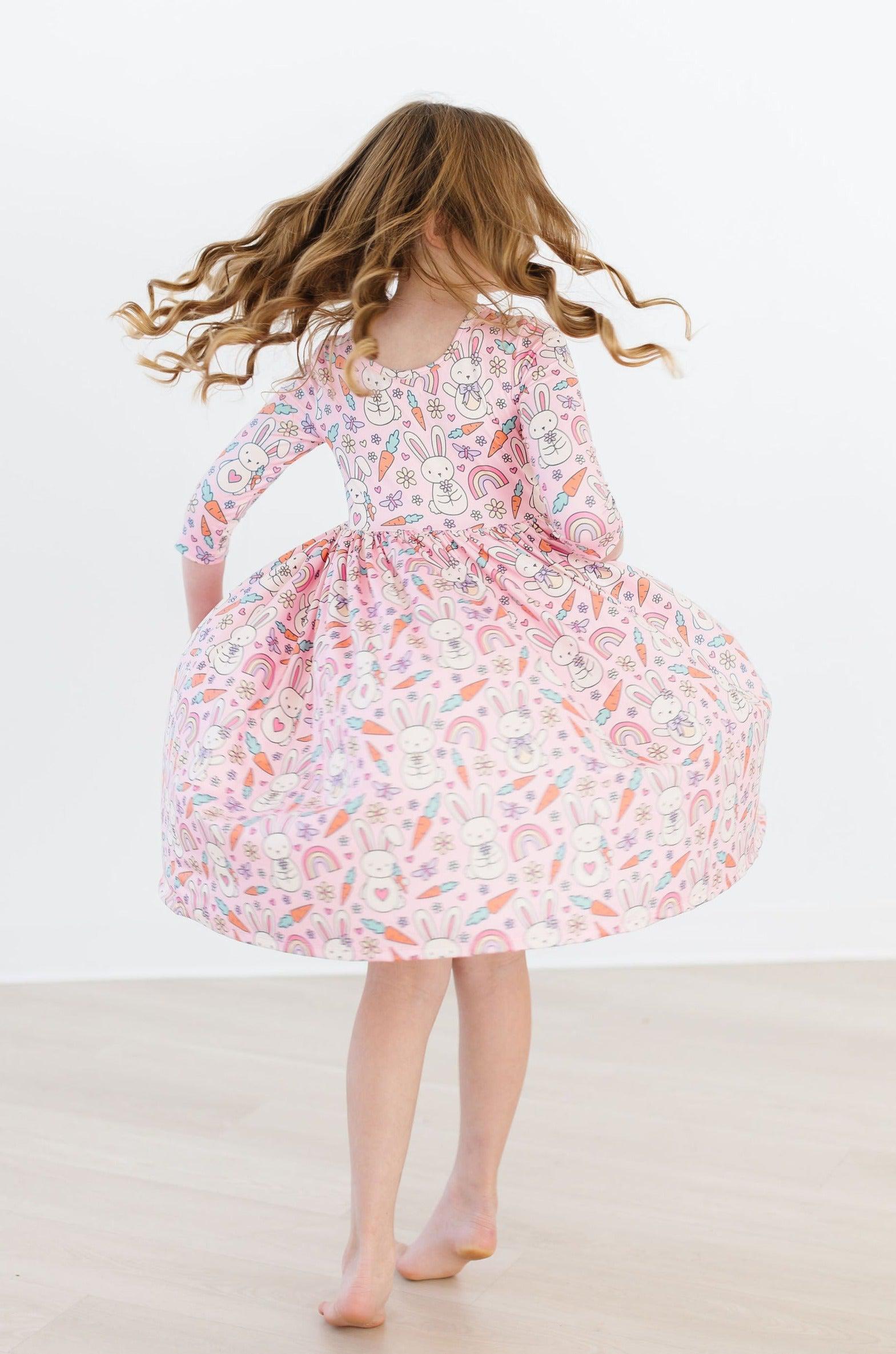 Springtime Bunnies 3/4 Sleeve Pocket Twirl Dress - Aaria Tees Aaria Tees