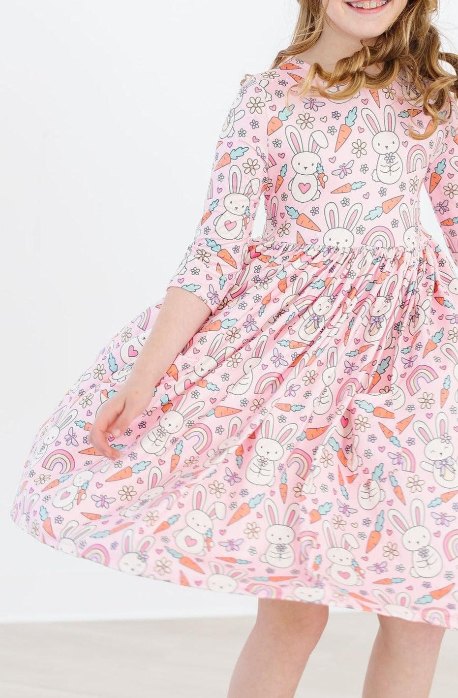 Springtime Bunnies 3/4 Sleeve Pocket Twirl Dress - Aaria Tees Aaria Tees