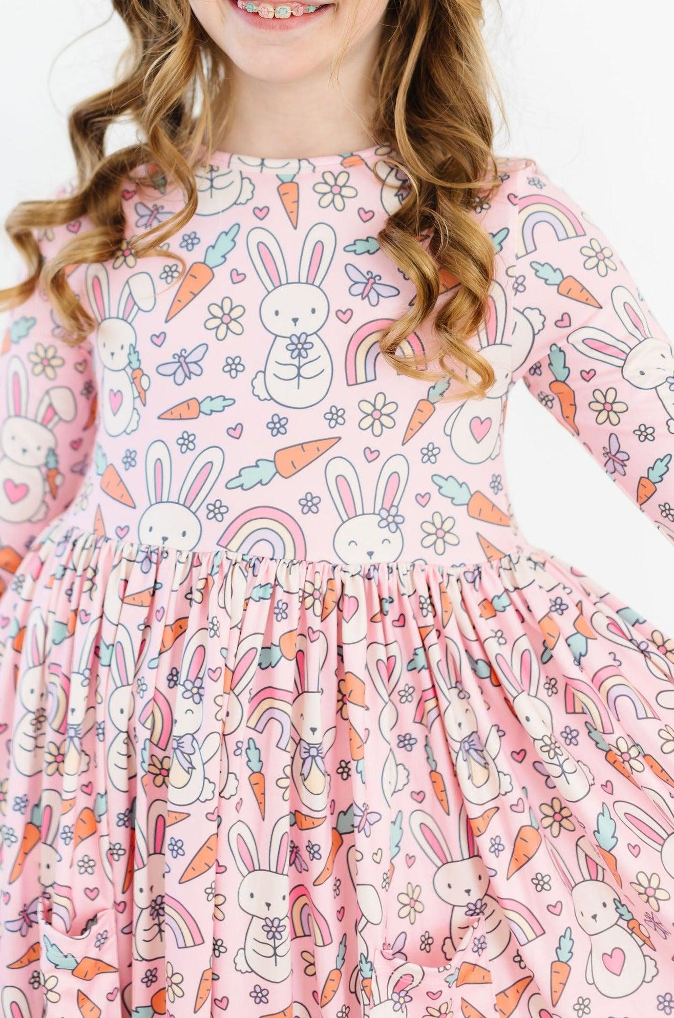 Springtime Bunnies 3/4 Sleeve Pocket Twirl Dress - Aaria Tees Aaria Tees
