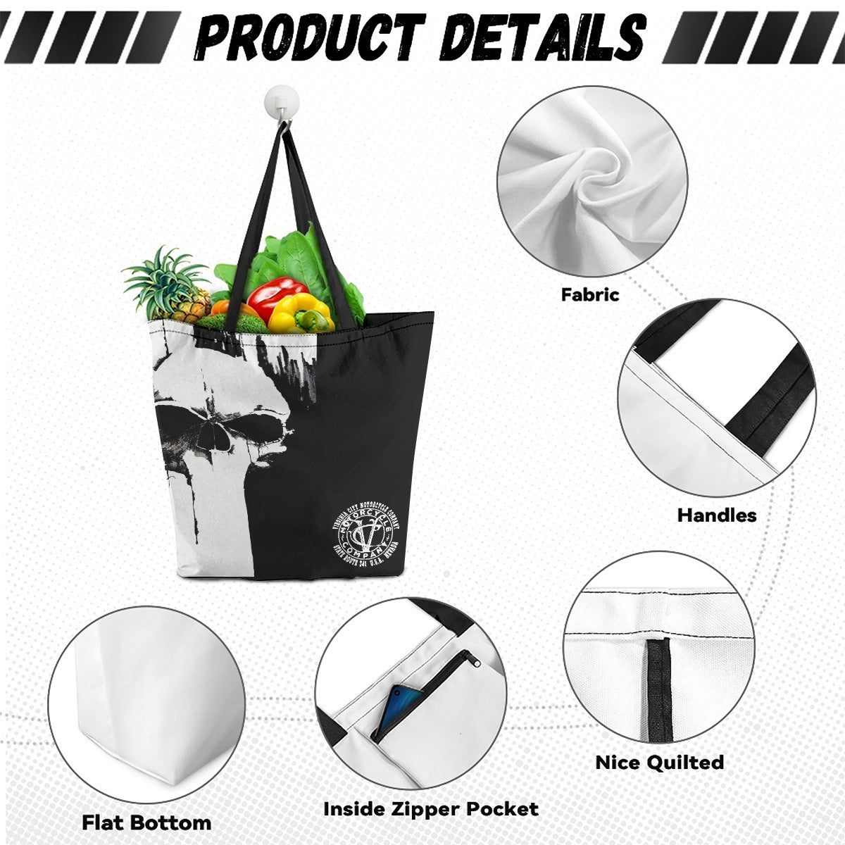VCMCo. Black and White Skull Canvas Tote Bag - Aaria Tees Aaria Tees