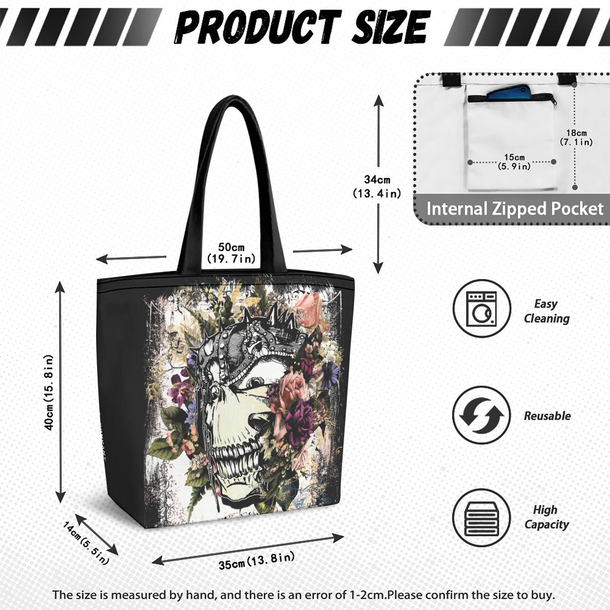 VCMCo. Metal Head and Flowers Canvas Tote Bag - Aaria Tees Aaria Tees