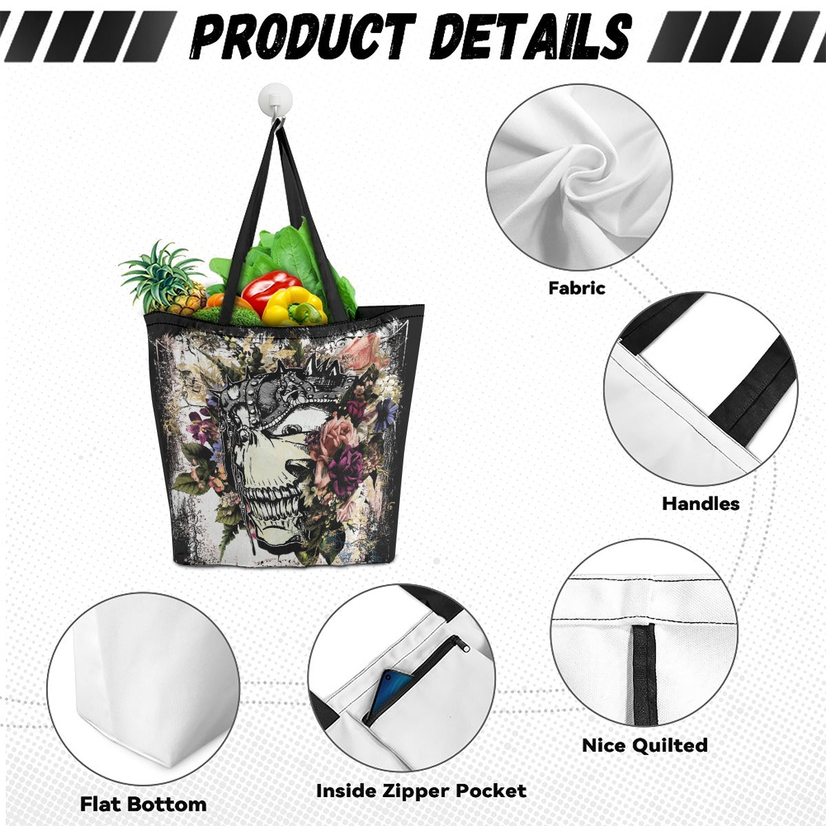 VCMCo. Metal Head and Flowers Canvas Tote Bag - Aaria Tees Aaria Tees