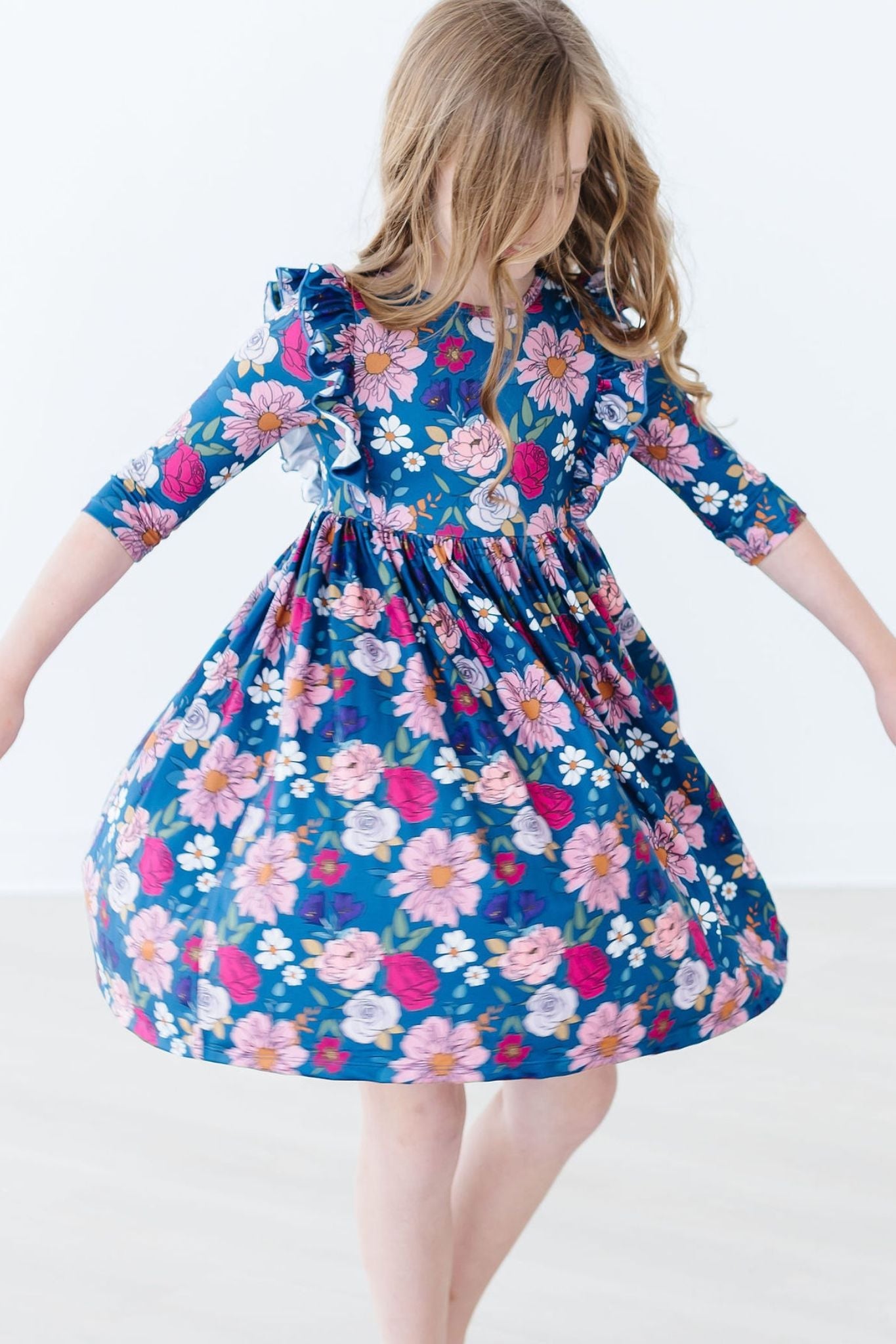 Vintage Garden 3/4 Sleeve Ruffle Twirl Dress - Aaria Tees Aaria Tees