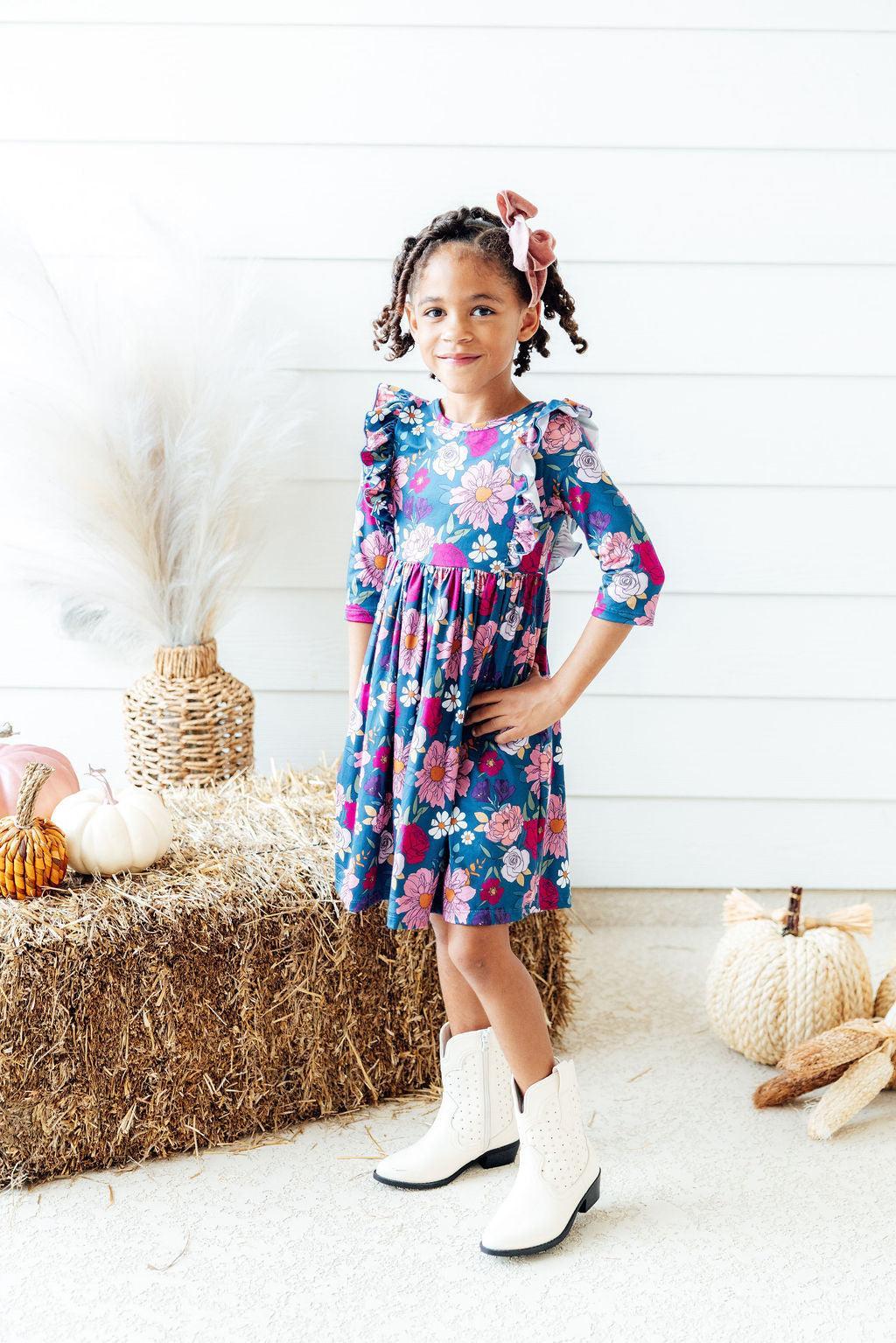 Vintage Garden 3/4 Sleeve Ruffle Twirl Dress - Aaria Tees Aaria Tees