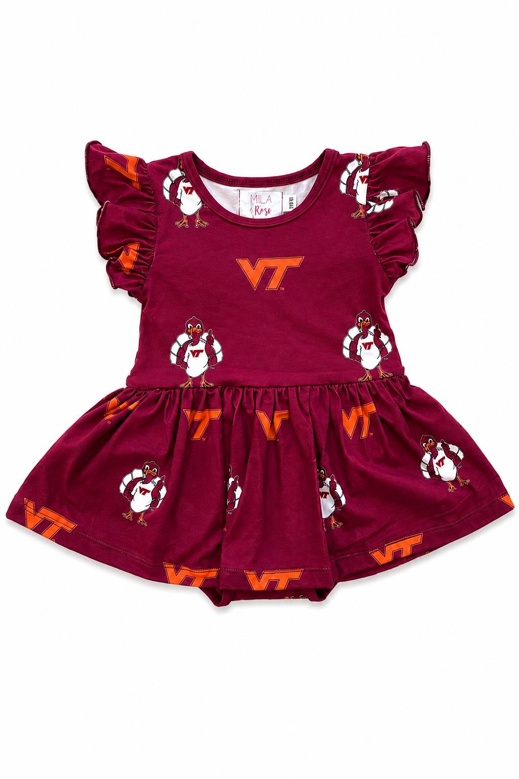 Virginia Tech Maroon Hokie S/S Flutter Twirl Bodysuit - Aaria Tees Aaria Tees