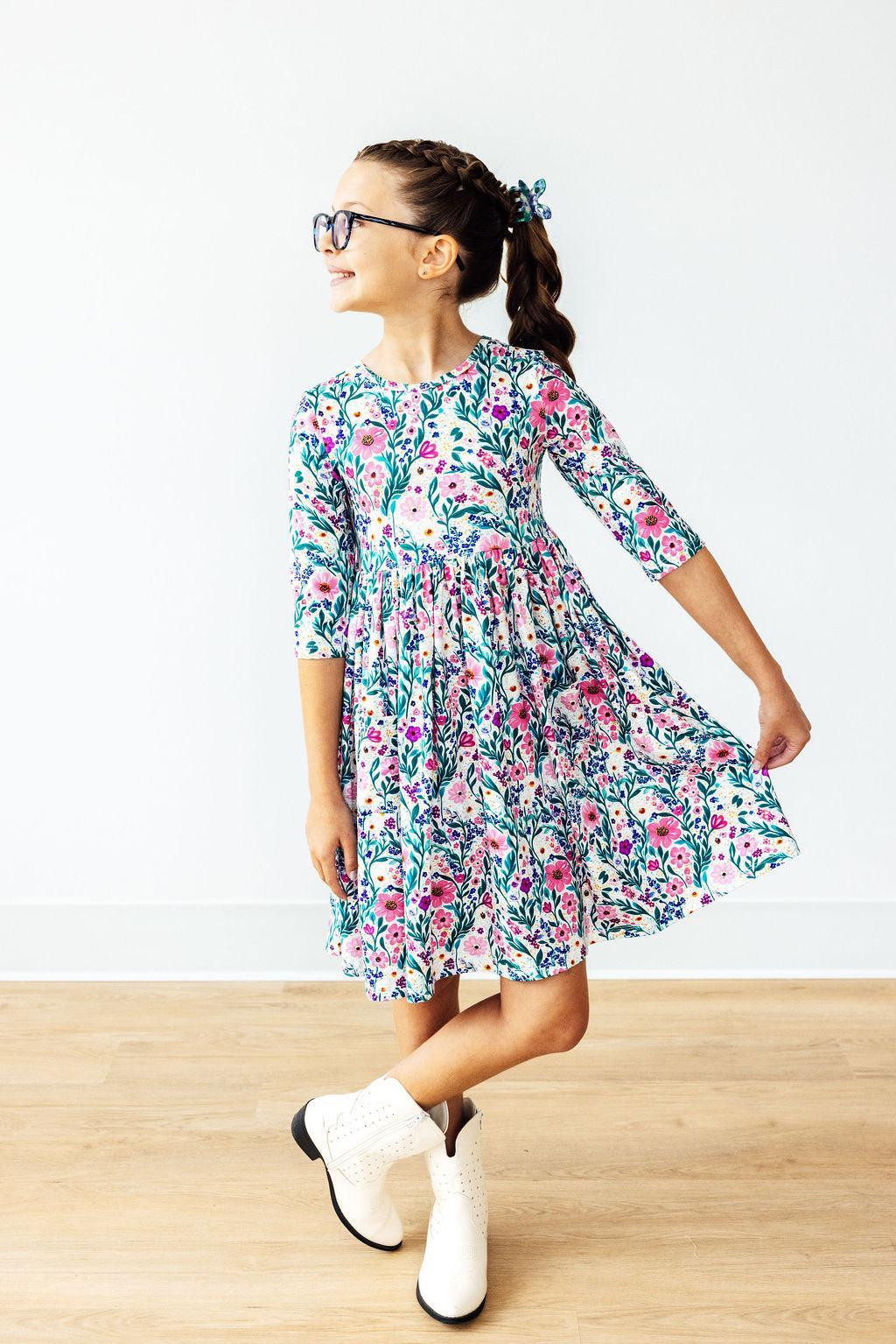 Vivid Garden 3/4 Sleeve Pocket Twirl Dress - Aaria Tees Aaria Tees