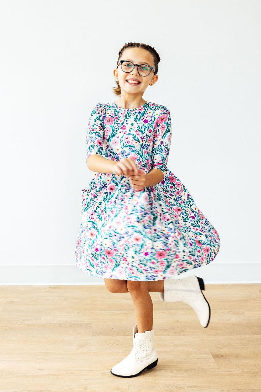 Vivid Garden 3/4 Sleeve Pocket Twirl Dress - Aaria Tees Aaria Tees