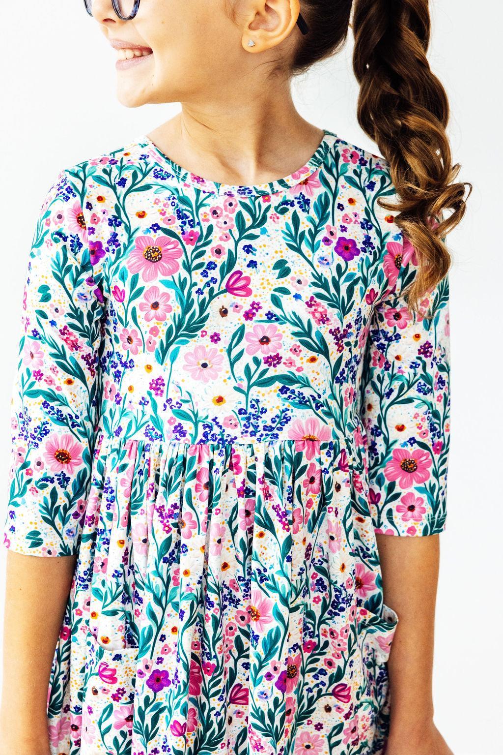 Vivid Garden 3/4 Sleeve Pocket Twirl Dress - Aaria Tees Aaria Tees