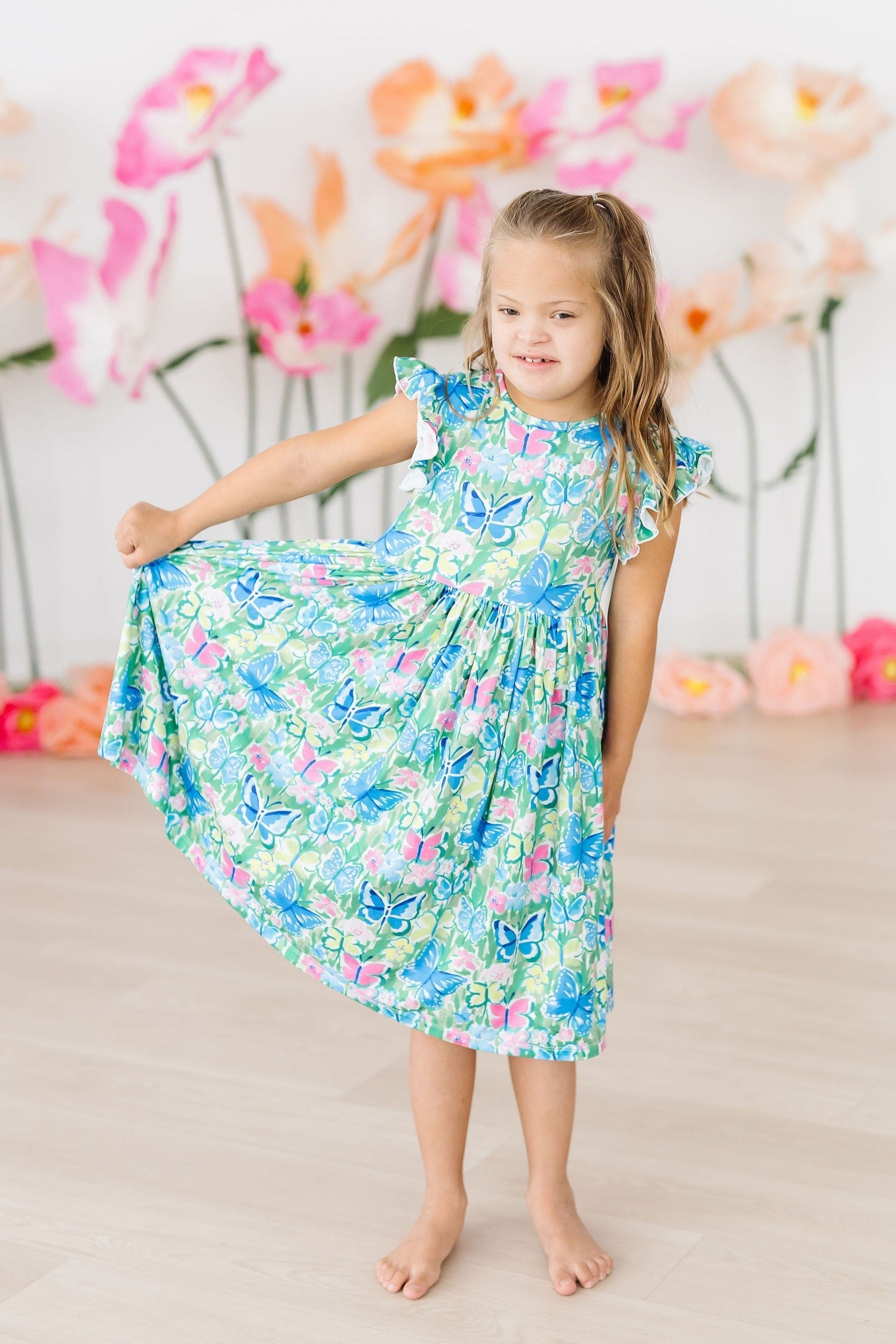 Watercolor Butterflies Flutter Sleeve Twirl Dress - Aaria Tees Aaria Tees