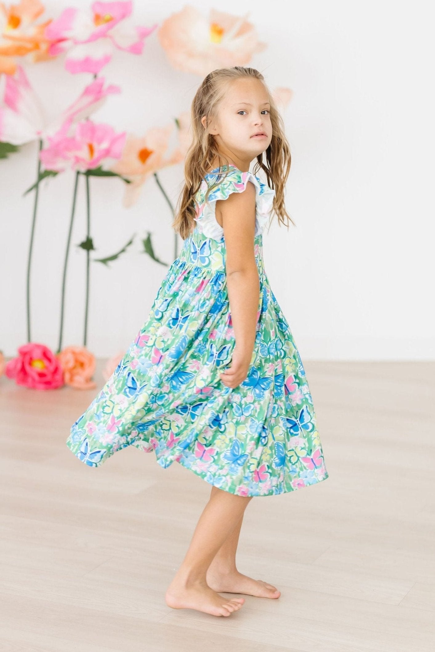 Watercolor Butterflies Flutter Sleeve Twirl Dress - Aaria Tees Aaria Tees