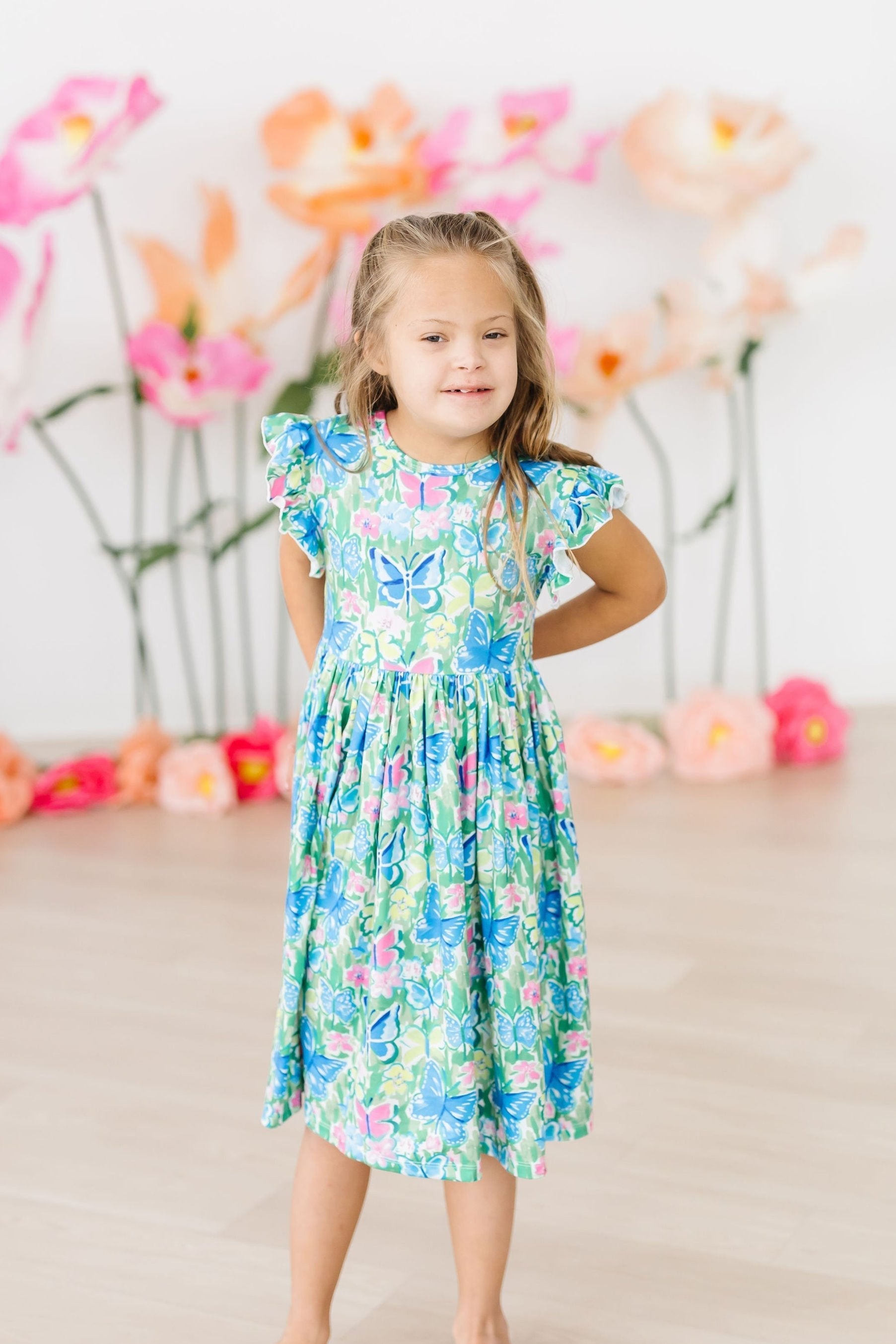 Watercolor Butterflies Flutter Sleeve Twirl Dress - Aaria Tees Aaria Tees