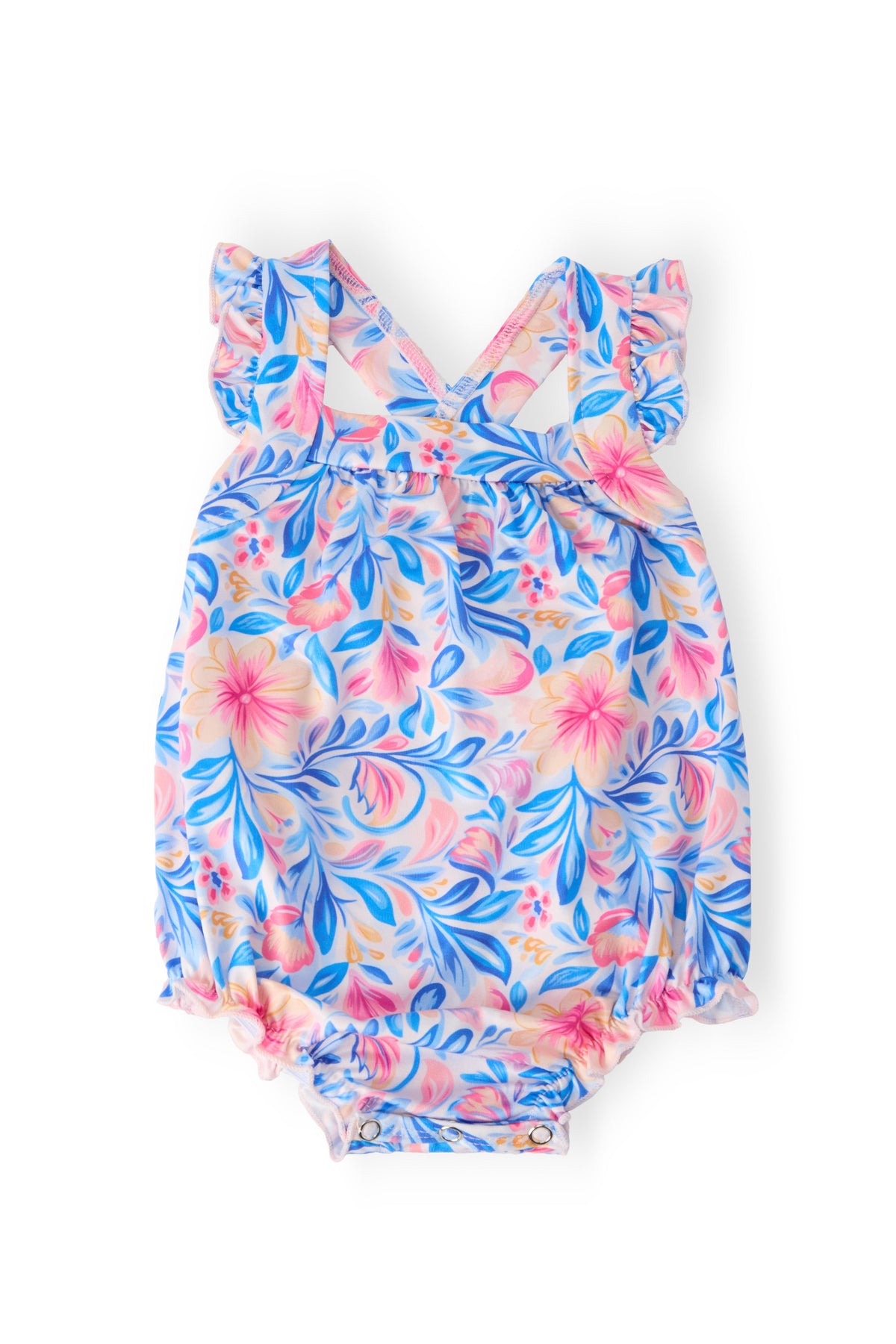 Watercolor Floral Ruffle Cross Back Romper - Aaria Tees