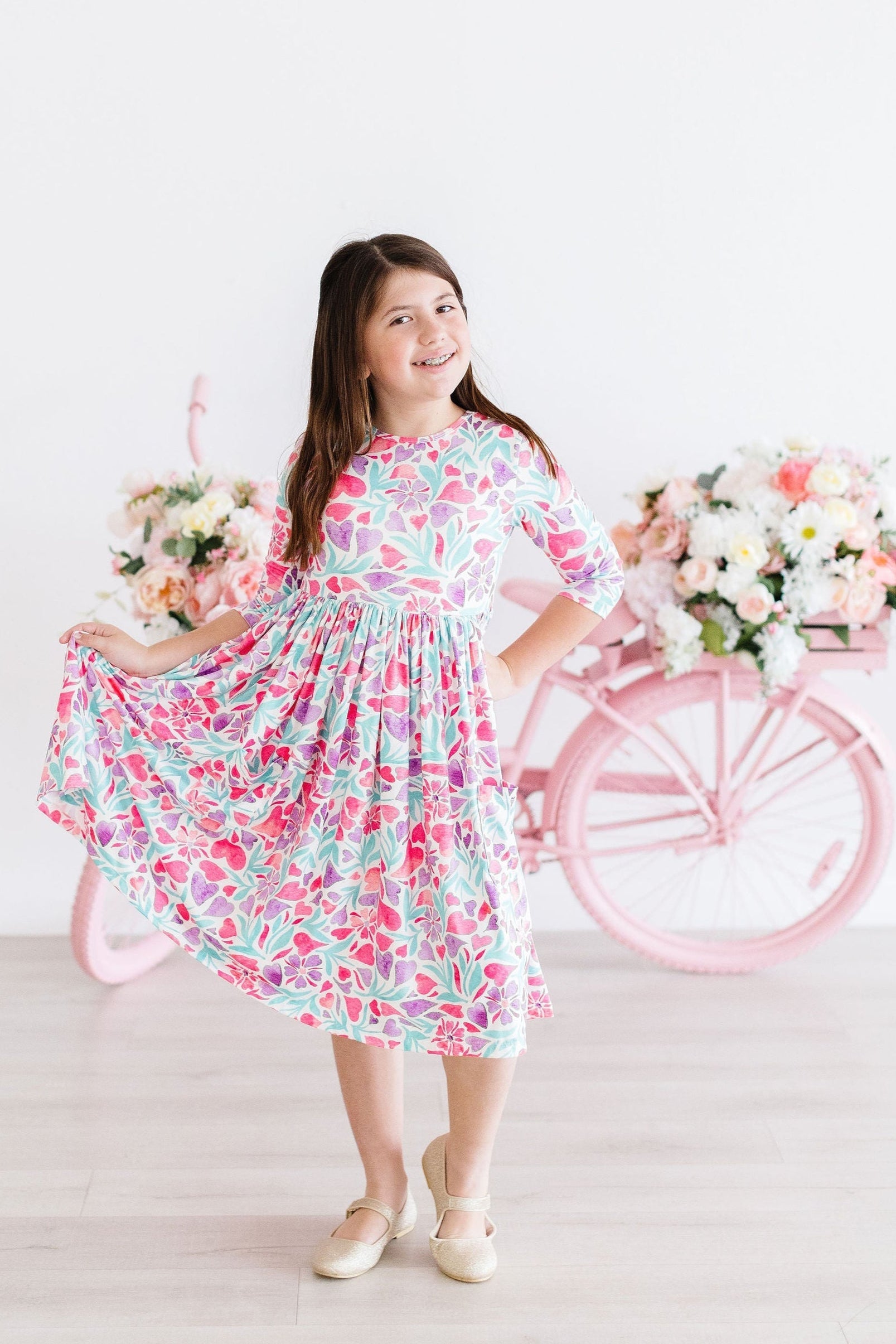 Watercolor Hearts 3/4 Sleeve Pocket Twirl Dress - Aaria Tees Aaria Tees