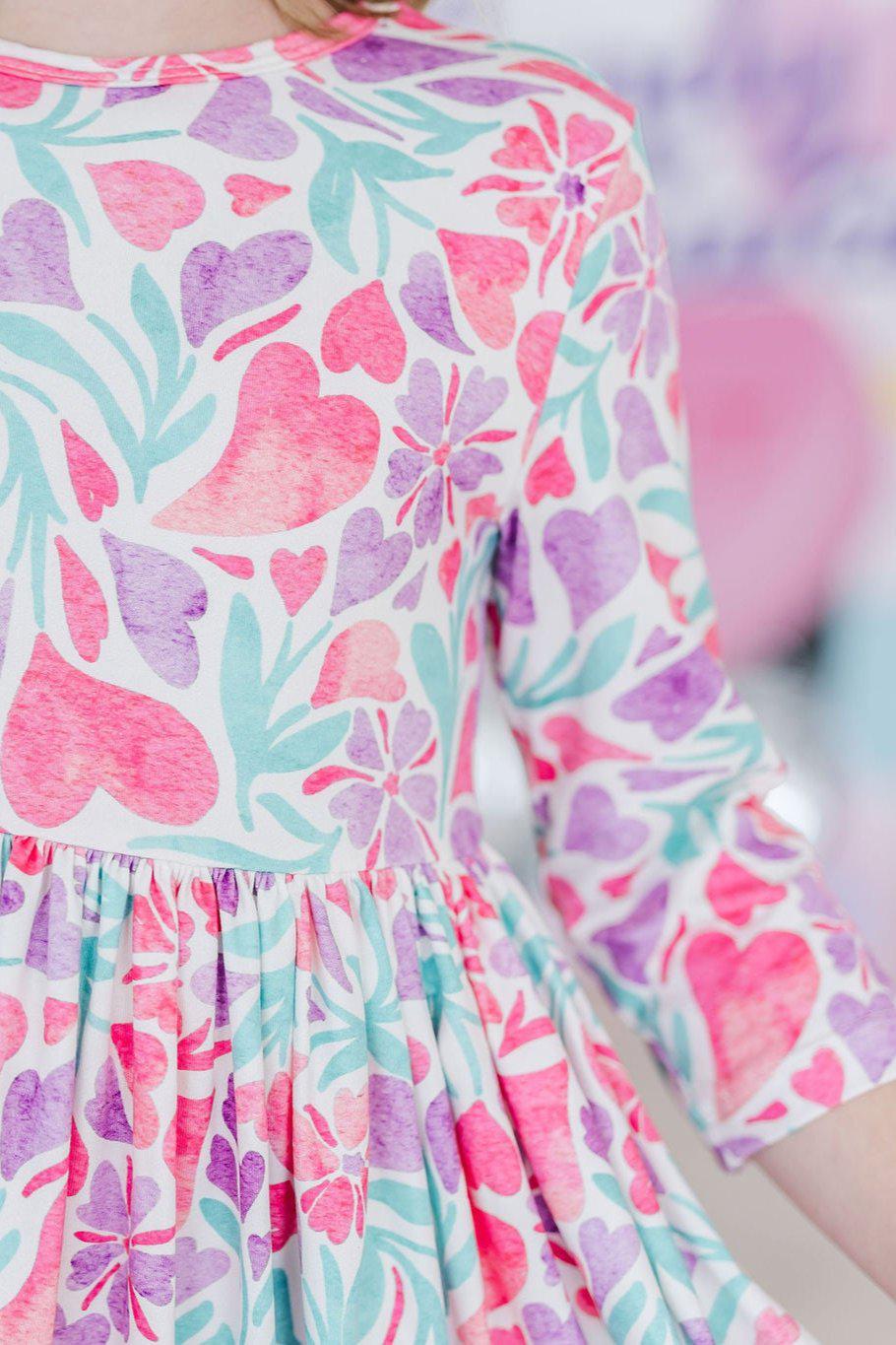 Watercolor Hearts 3/4 Sleeve Pocket Twirl Dress - Aaria Tees Aaria Tees