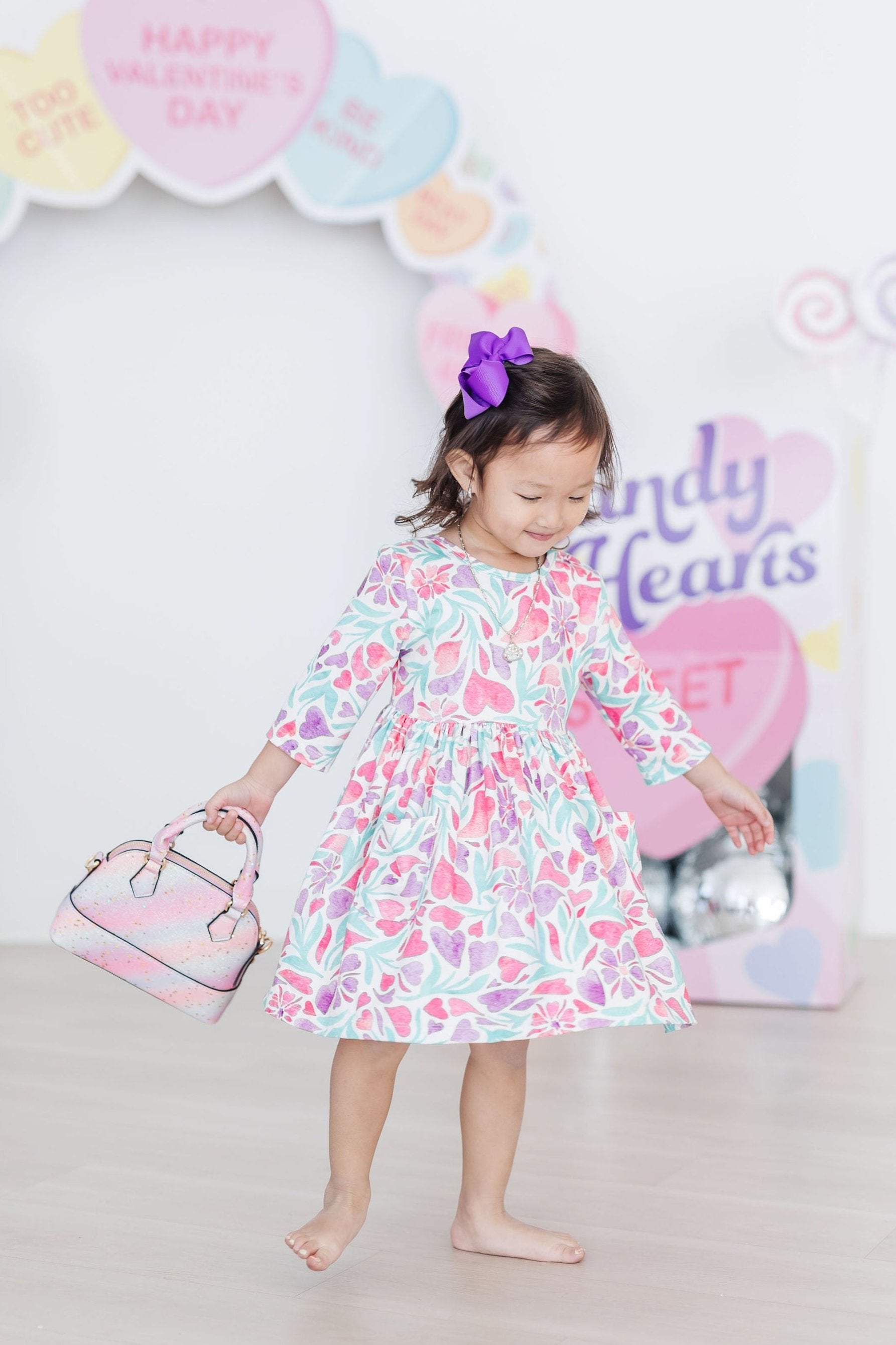 Watercolor Hearts 3/4 Sleeve Pocket Twirl Dress - Aaria Tees Aaria Tees