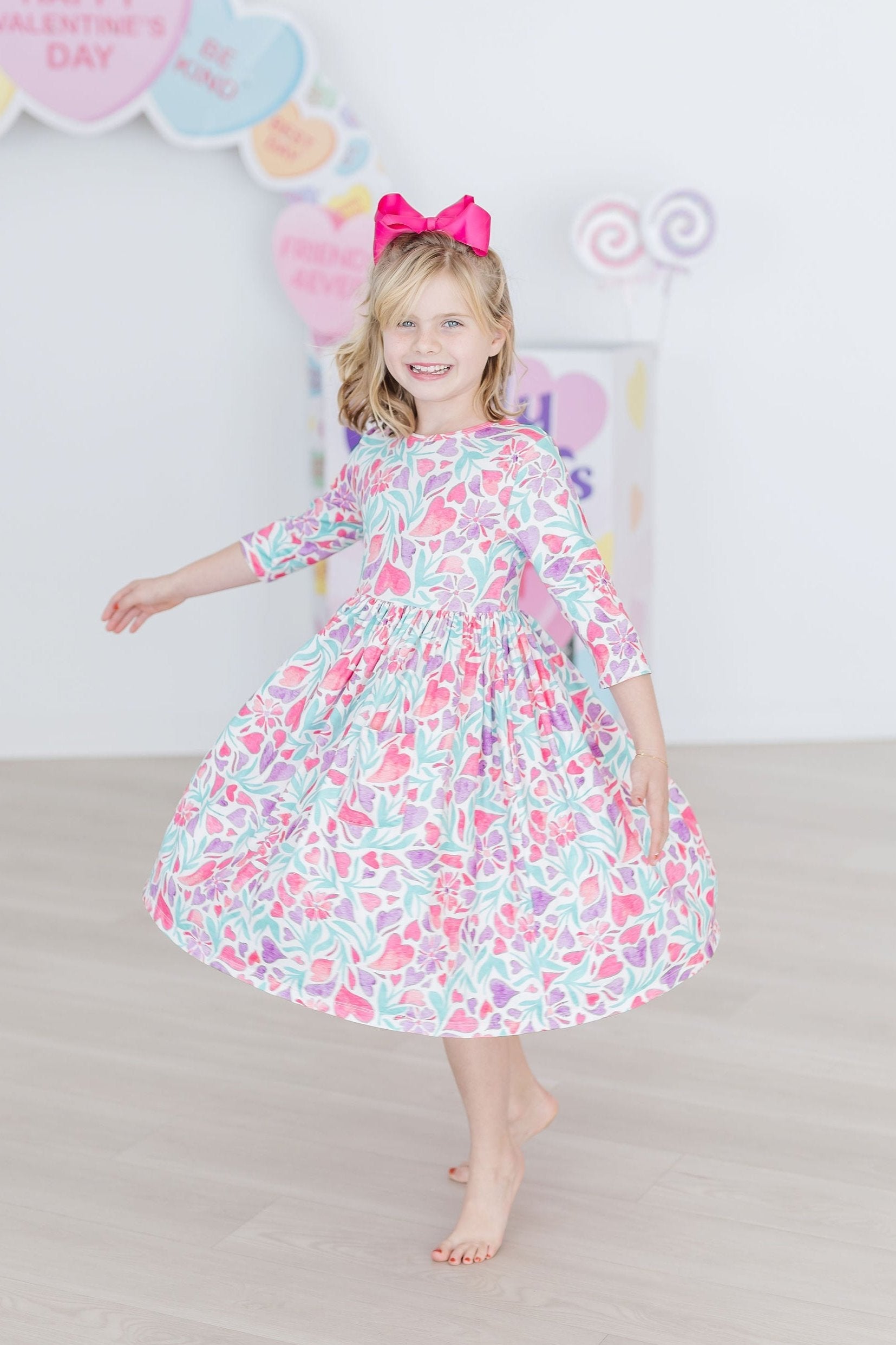 Watercolor Hearts 3/4 Sleeve Pocket Twirl Dress - Aaria Tees Aaria Tees