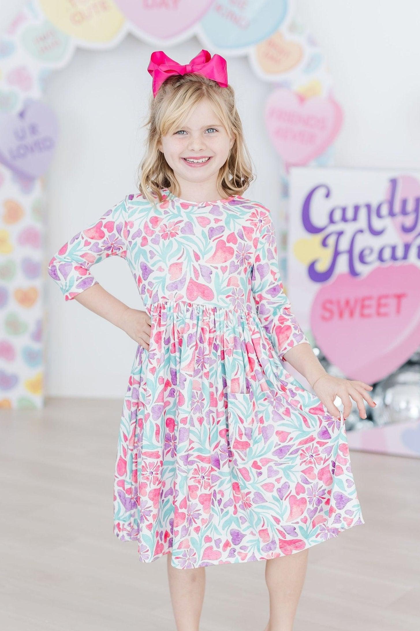 Watercolor Hearts 3/4 Sleeve Pocket Twirl Dress - Aaria Tees Aaria Tees