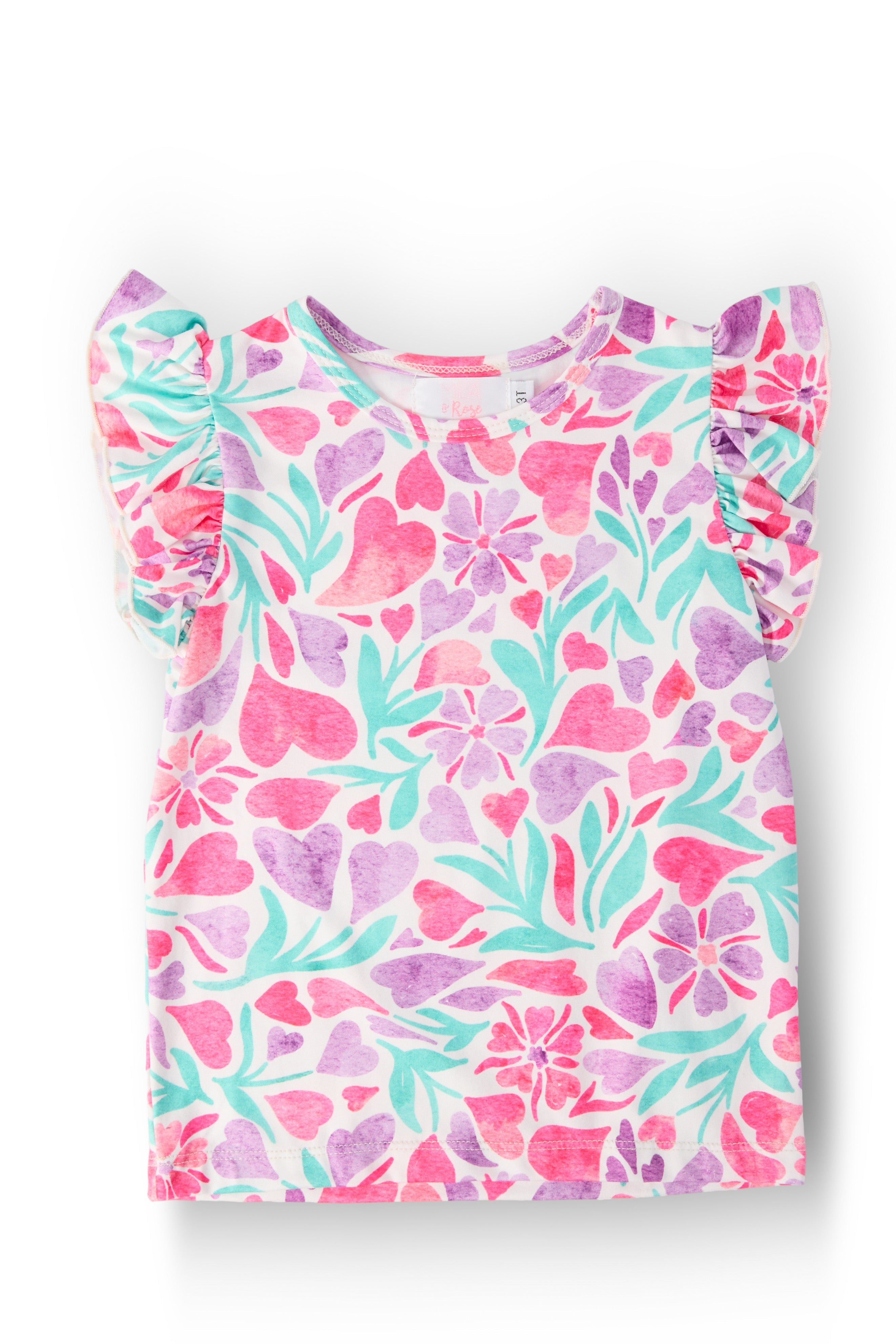 Watercolor Hearts S/S Ruffle Tee - Aaria Tees Aaria Tees
