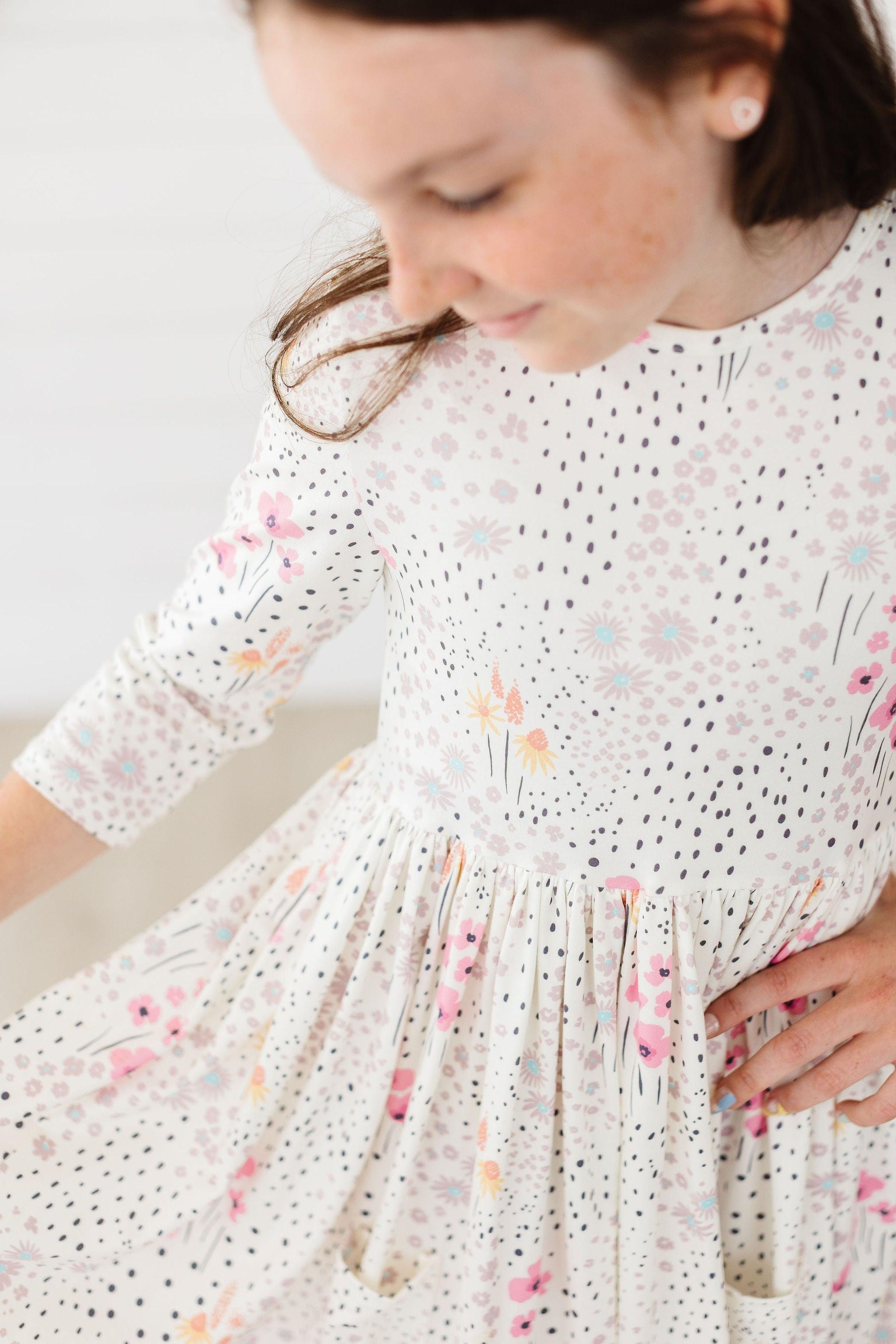 SALE Whimsical Wildflowers 3/4 Sleeve Pocket Twirl Dress - Aaria Tees Aaria Tees