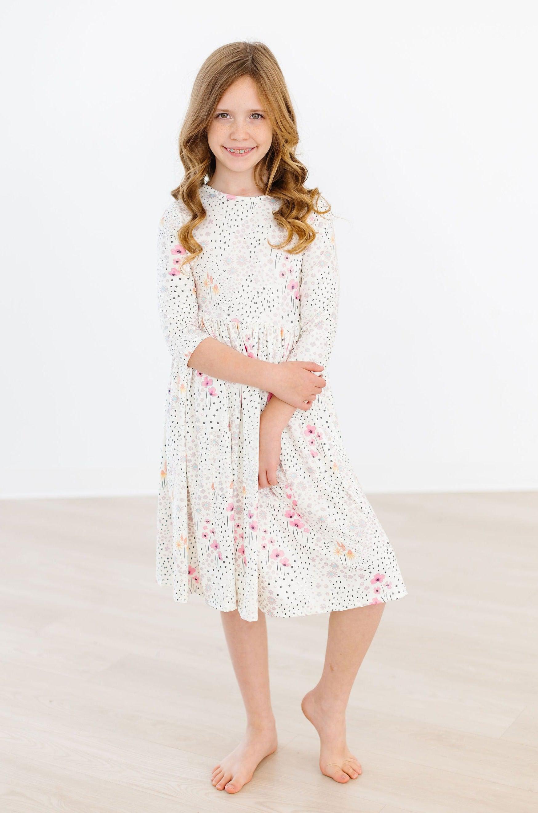 SALE Whimsical Wildflowers 3/4 Sleeve Pocket Twirl Dress - Aaria Tees Aaria Tees