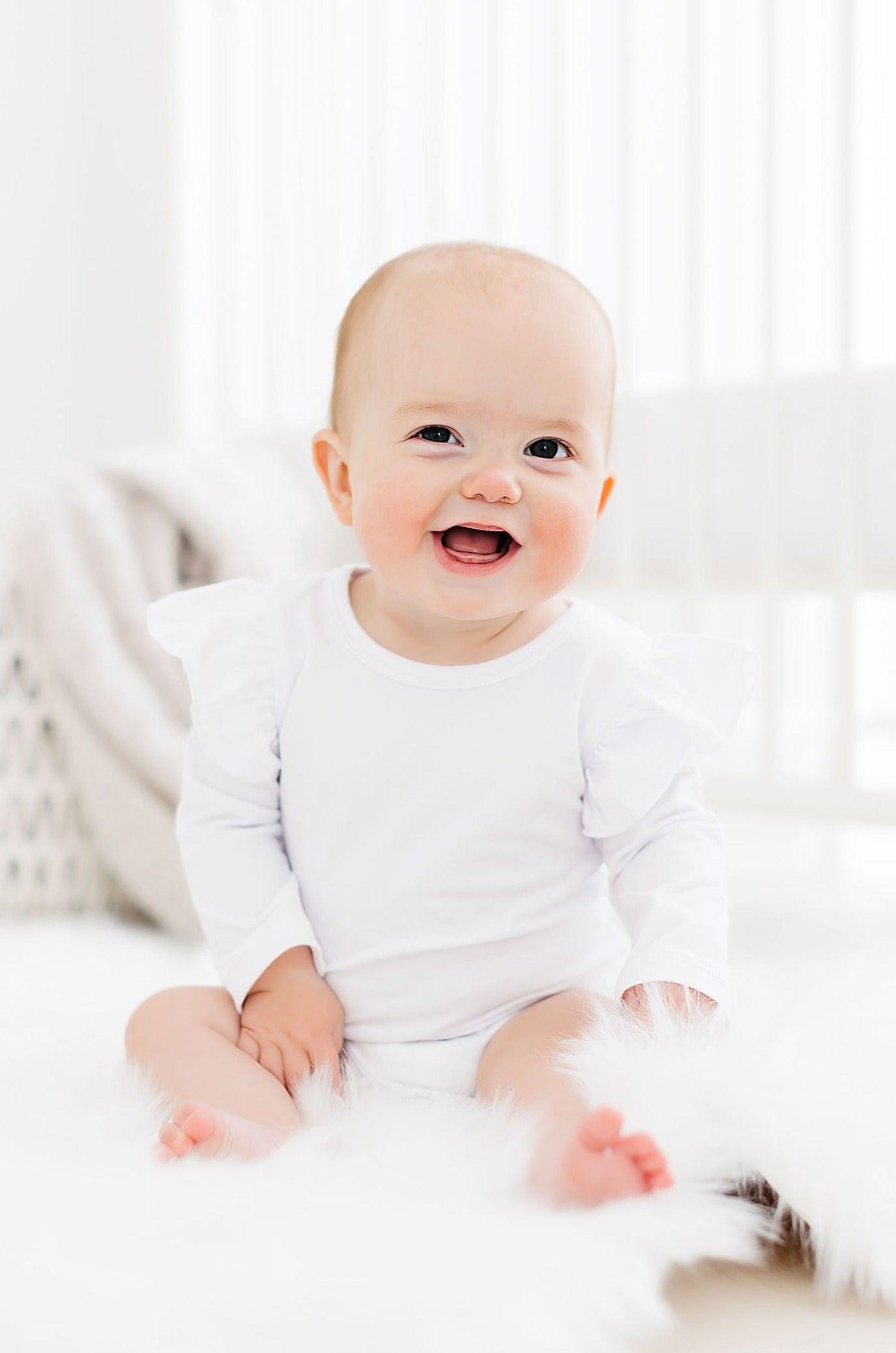 White L/S Flutter Bodysuit - Aaria Tees Aaria Tees