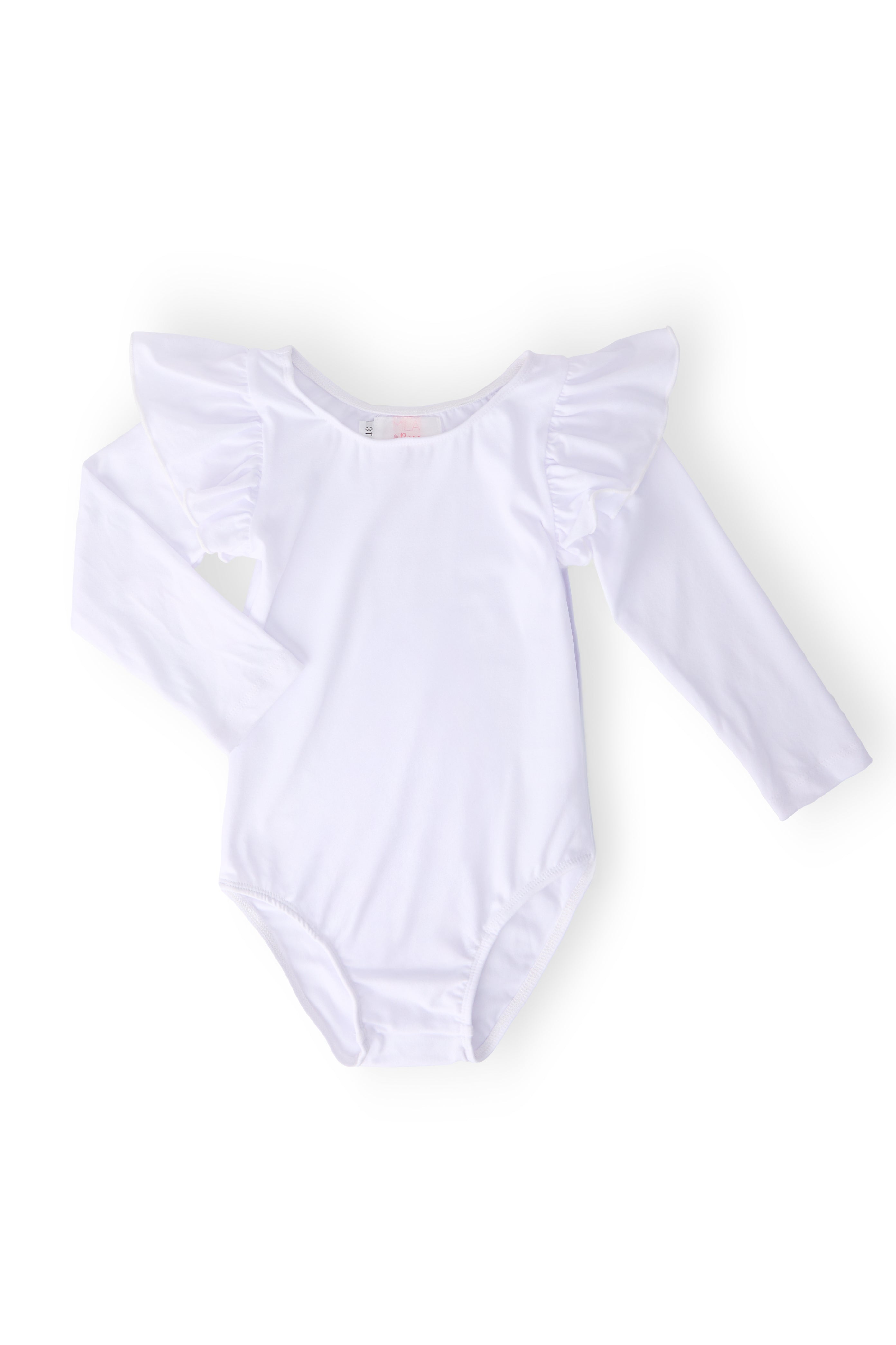 White L/S Flutter Sleeve Leotard - Aaria Tees Aaria Tees