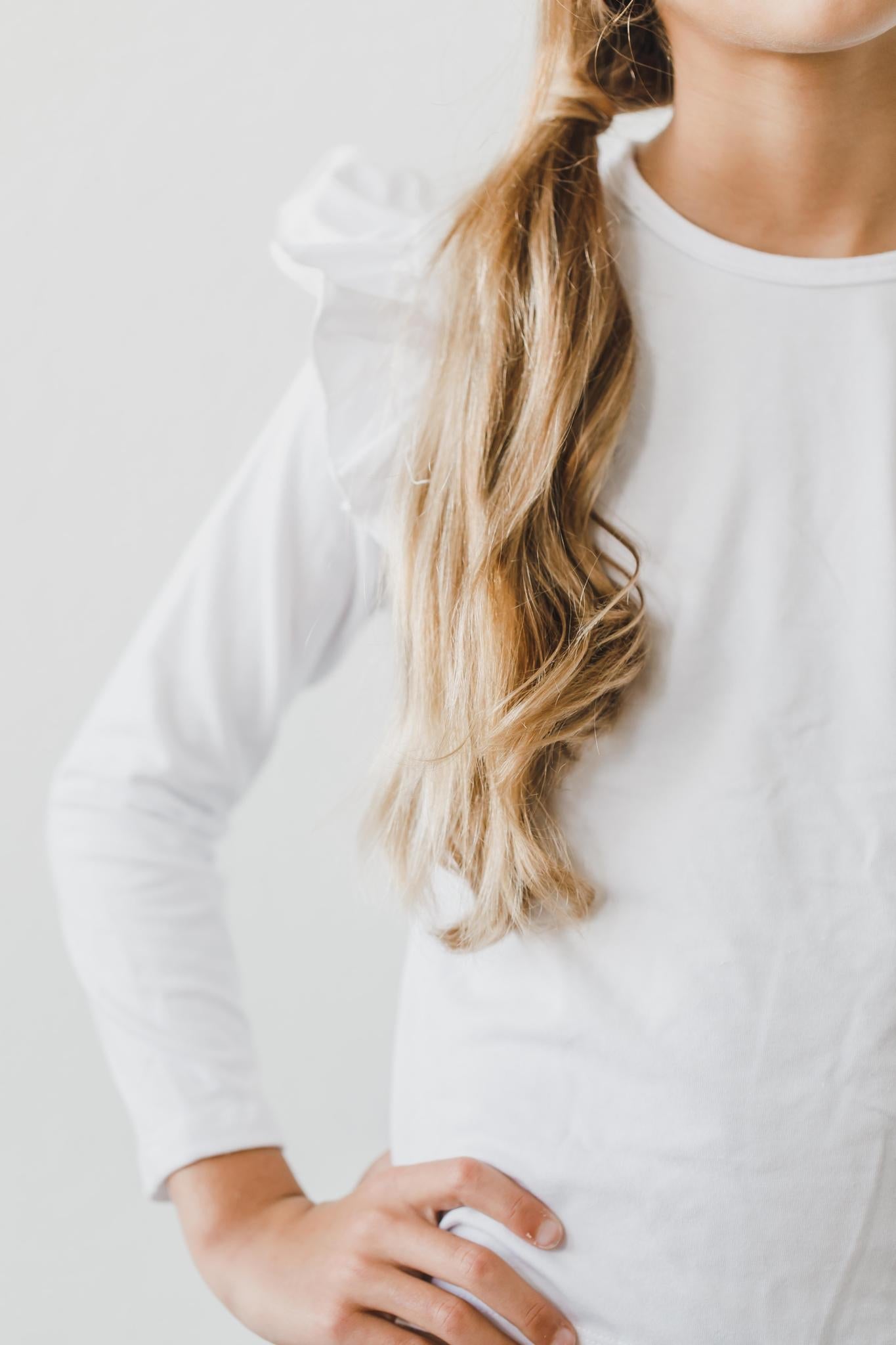 White L/S Ruffle Tee - Aaria Tees Aaria Tees