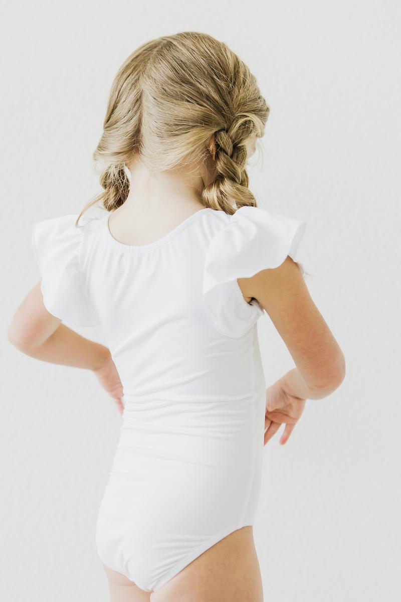 White S/S Flutter Sleeve Leotard - Aaria Tees Aaria Tees