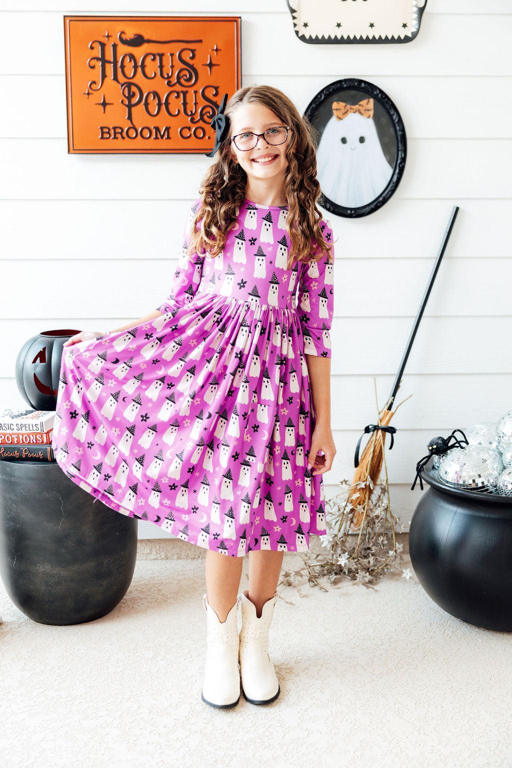 Witches Boo 3/4 Sleeve Pocket Twirl Dress - Aaria Tees Aaria Tees