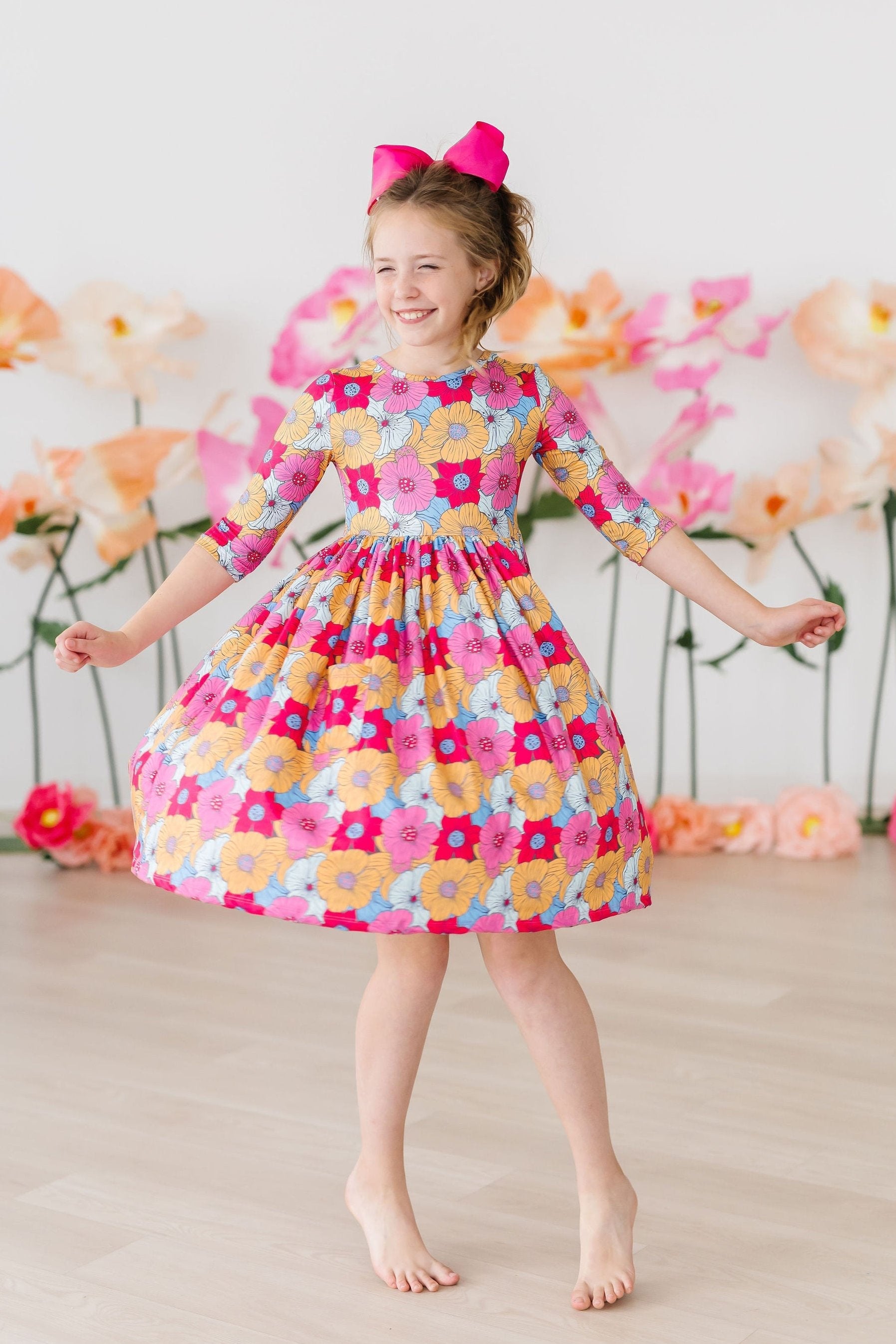 SALE Wonderland Floral 3/4 Sleeve Pocket Twirl Dress - Aaria Tees Aaria Tees