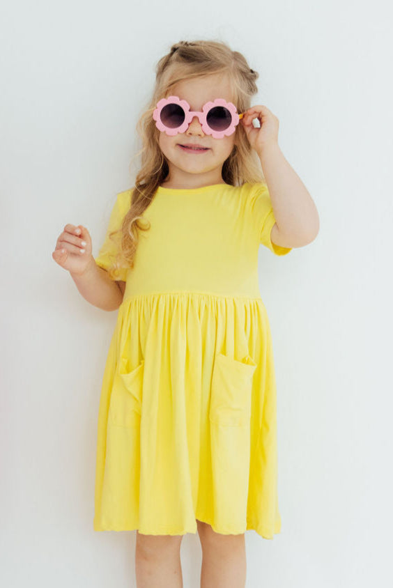 Yellow S/S Pocket Twirl Dress - Aaria Tees Aaria Tees