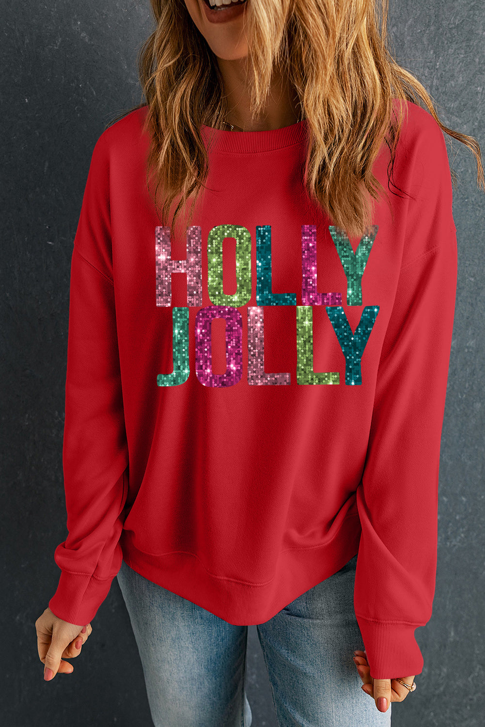 Red Heat Transfer HOLLY JOLLY Printing Christmas Pullover Sweatshirt - Aaria Tees Aaria Tees