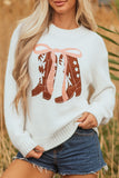 White Embroidered Bow Boots Graphic Drop Shoulder Sweater Aaria Tees