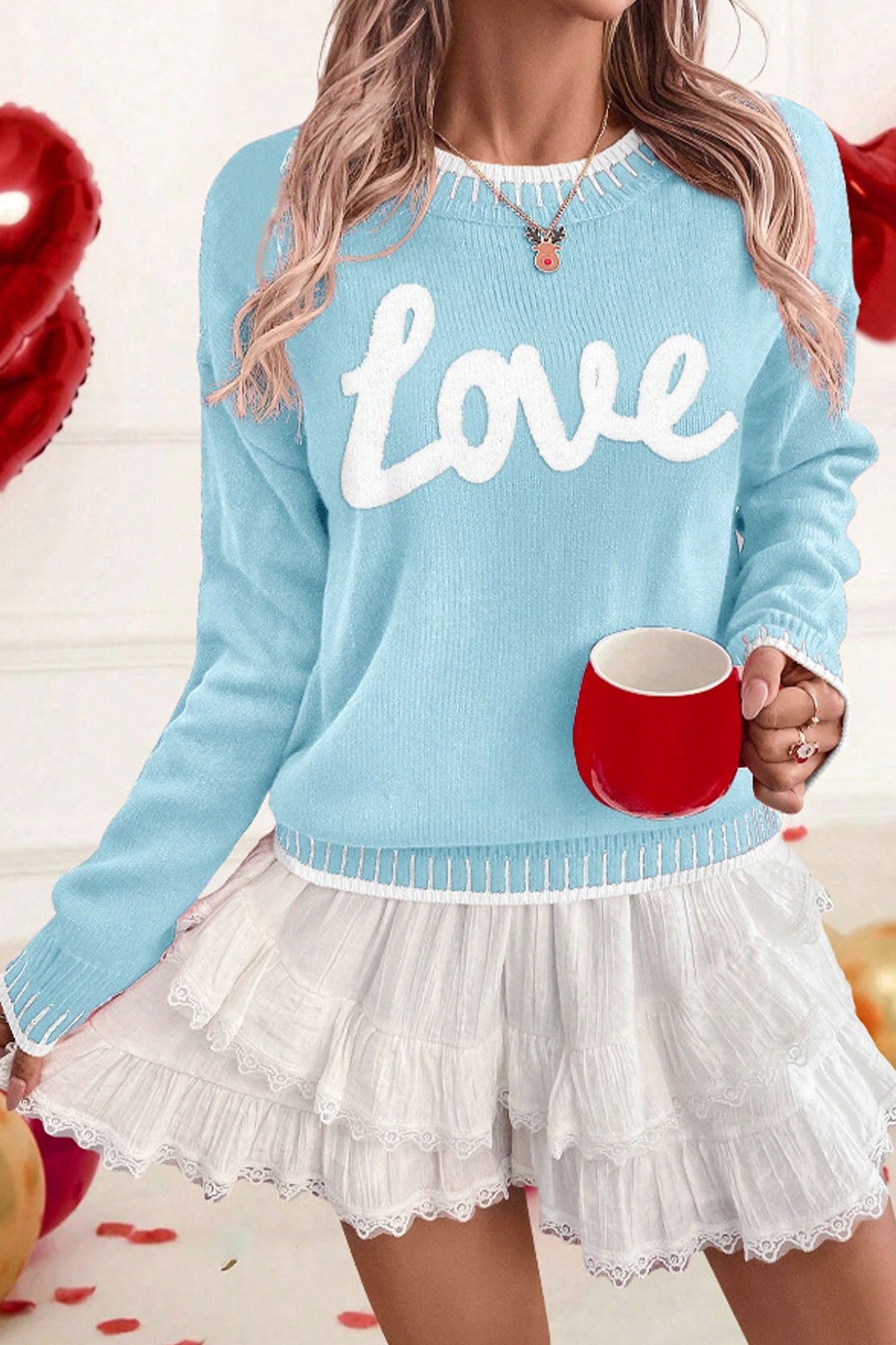 Pink Valentine Love Chenille Letter Graphic Sweater - Aaria Tees Aaria Tees