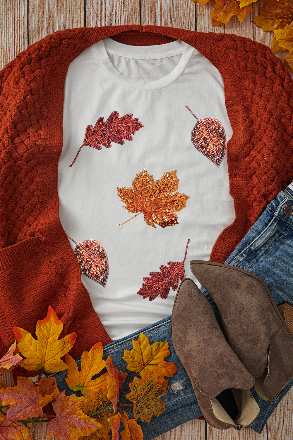 White Halloween Sequined Leaves Graphic Crew Neck T Shirt - Aaria Tees Aaria Tees