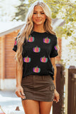 Black Sequined Pumpkin Graphic Round Neck Casual T Shirt - Aaria Tees Aaria Tees