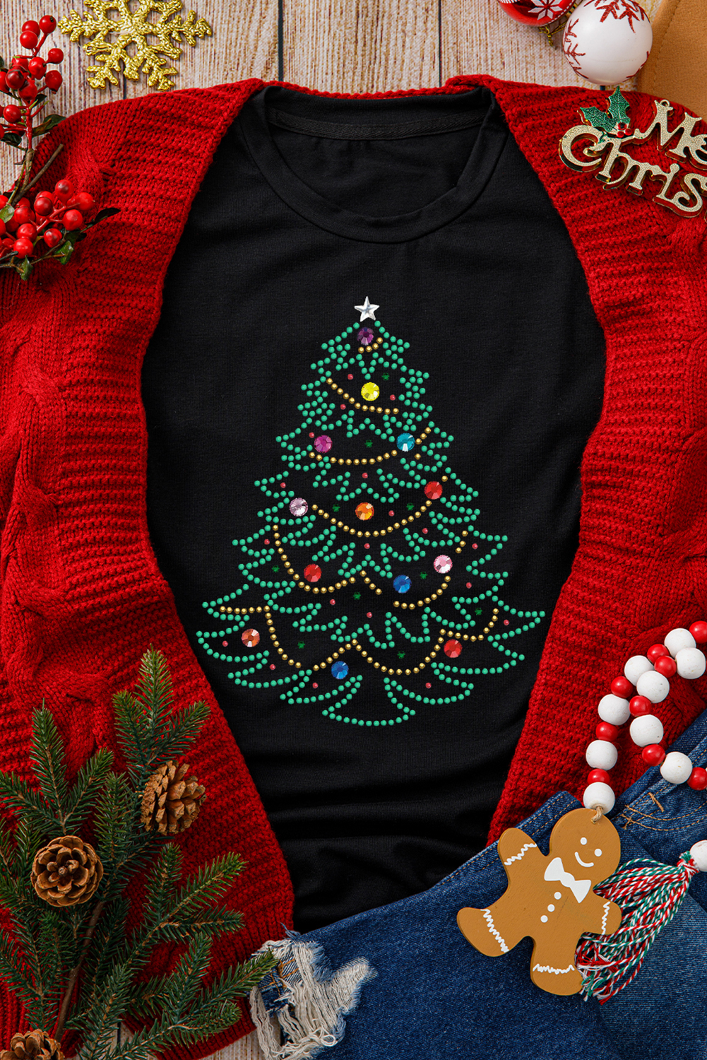 Black Rhinestone Christmas Tree Round Neck Graphic Tee - Aaria Tees Aaria Tees