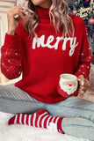 Racing Red Merry Graphic Sequin Sleeves Christmas Turtleneck Sweater - Aaria Tees Aaria Tees