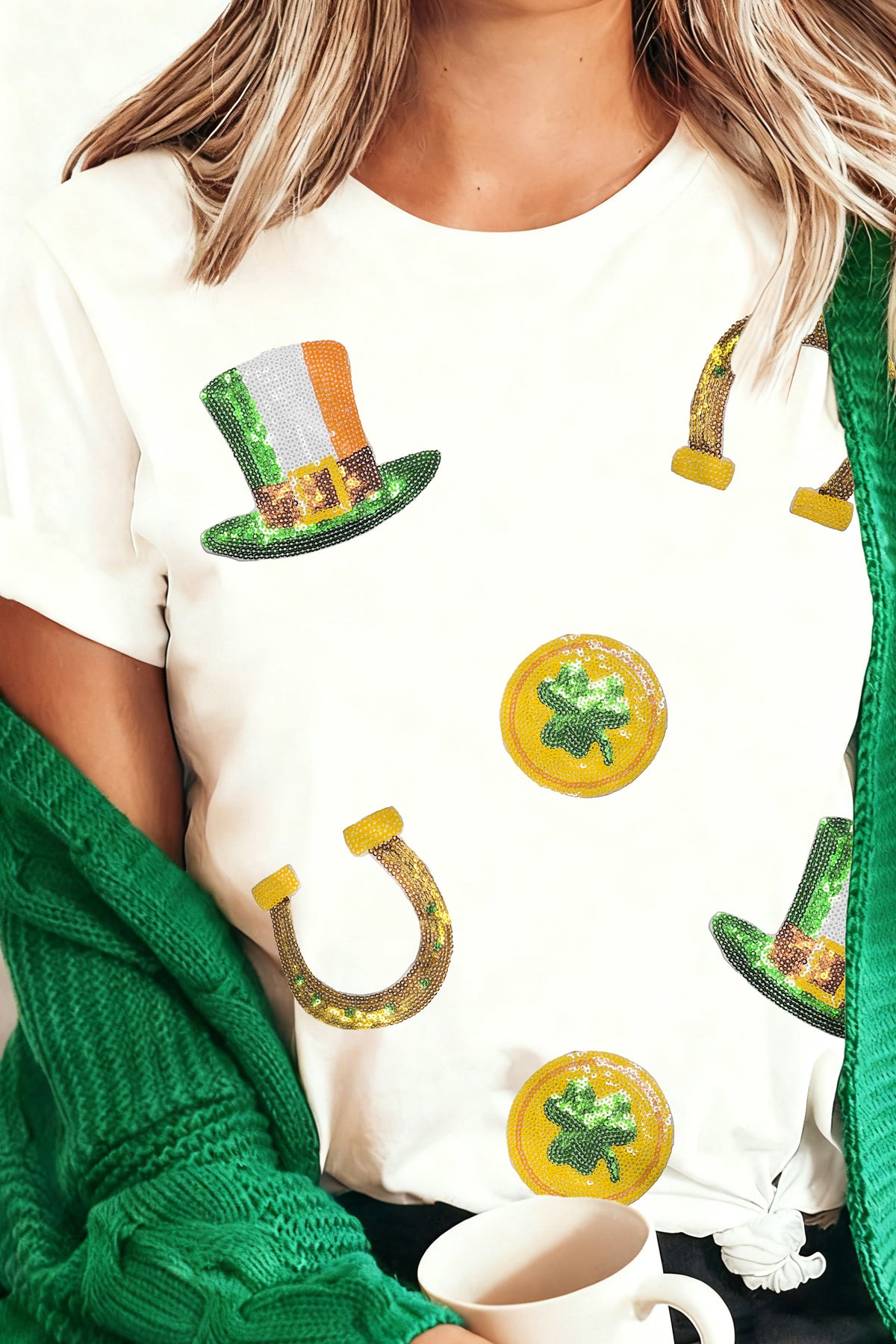 White St Patricks Day Sequin Graphic Casual T Shirt - Aaria Tees