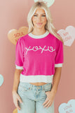Bright Pink XOXO Embroidered Graphic Valentines Contrast Trim Crew Neck Short Puff Sleeve Sweater Tee - Aaria Tees Aaria Tees