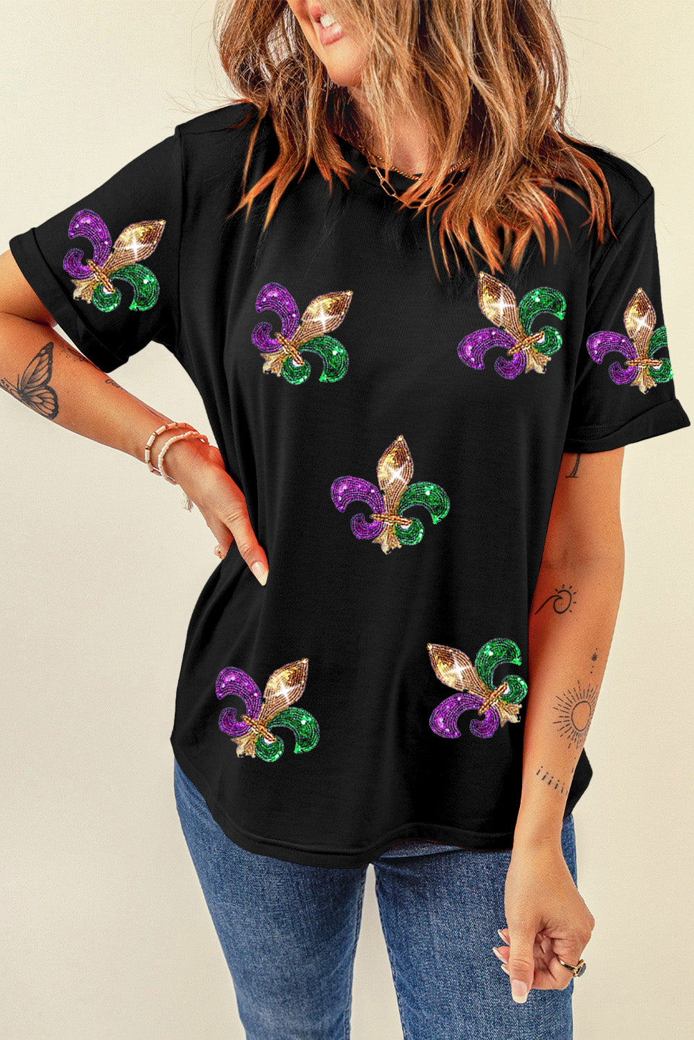 Black Mardi Gras Symbol Patched Crewneck T Shirt - Aaria Tees Aaria Tees